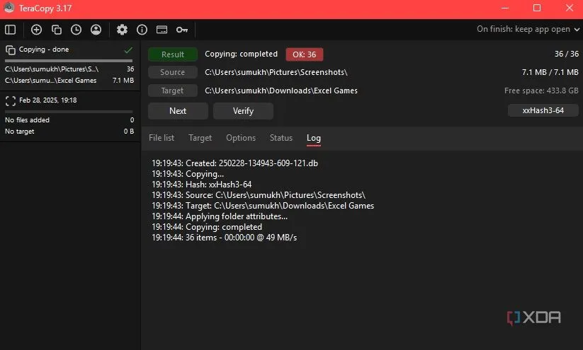 Nhật ký chi tiết các tác vụ sao chép và chuyển file trên TeraCopy
