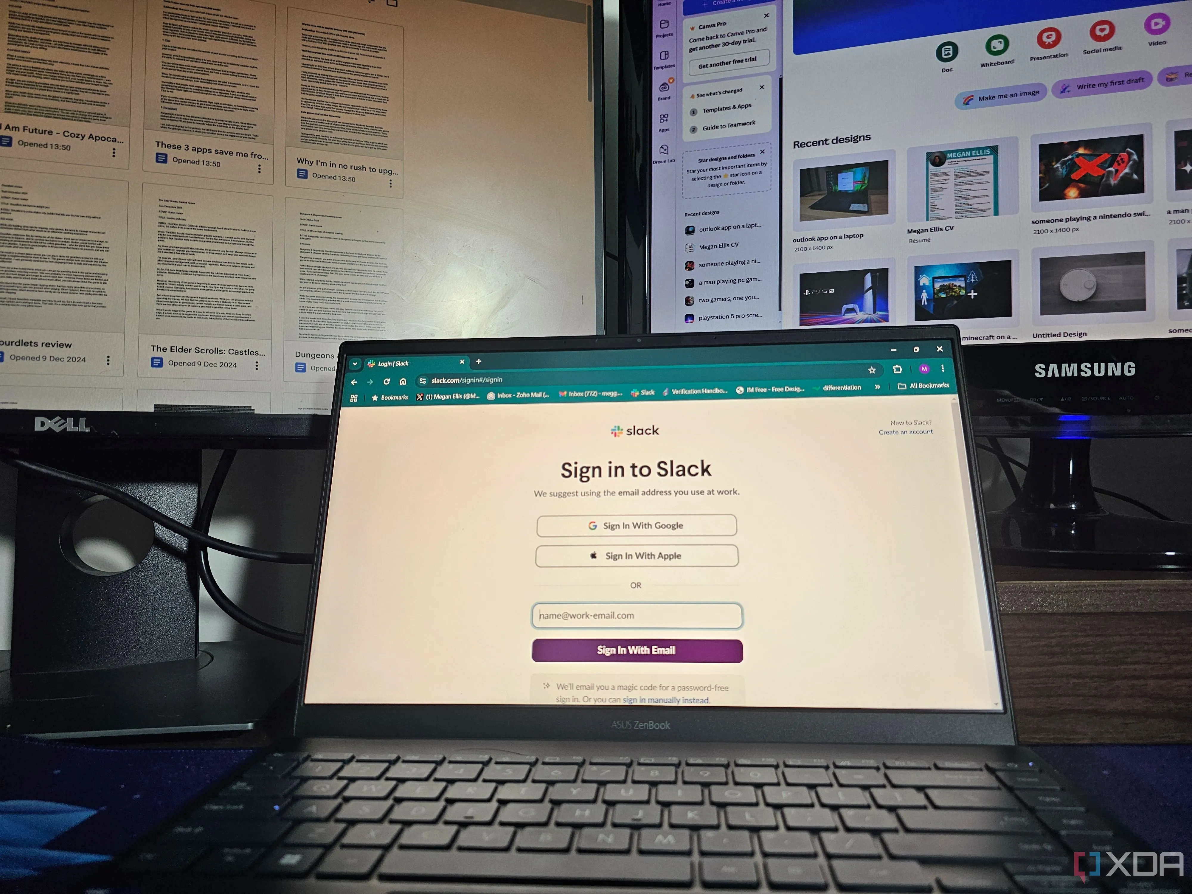 Nhiều màn hình hiển thị các trang web và ứng dụng khác nhau, minh họa khả năng phân tách ứng dụng hiệu quả trên thiết lập đa màn hình.