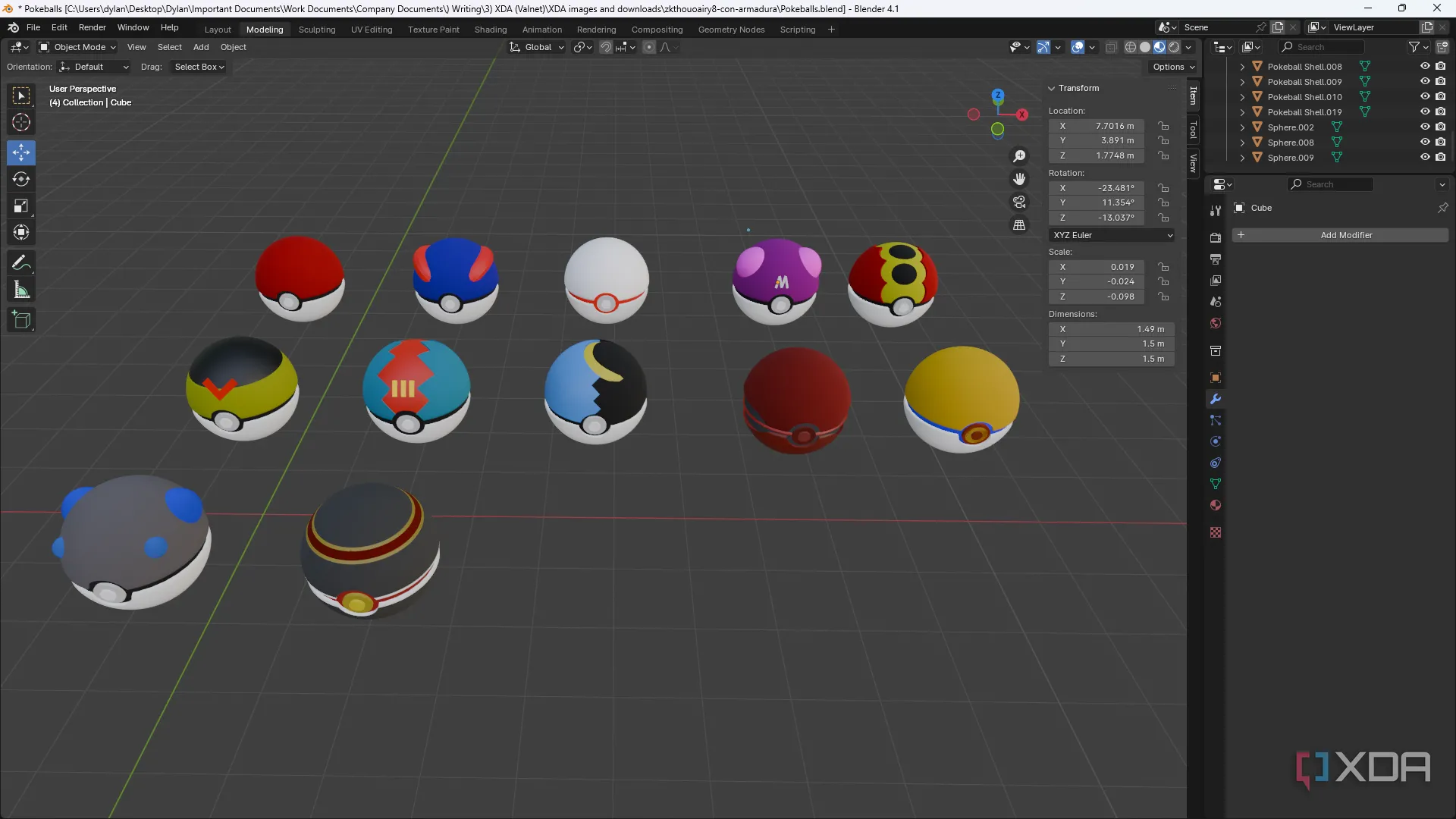 Nhiều mô hình 3D Pokeball được tạo và chỉnh sửa trong Blender với quy trình phi phá hủy