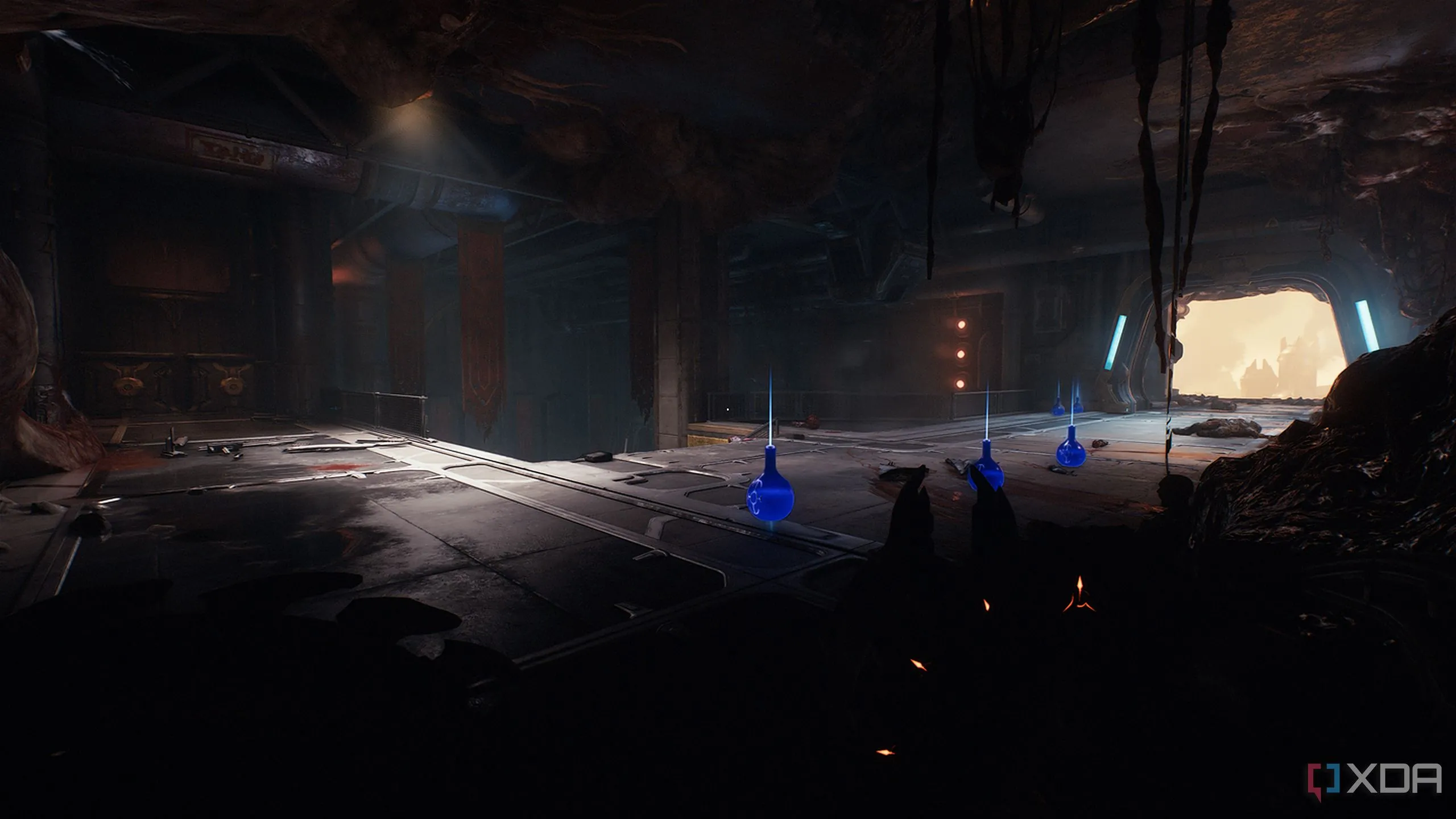 Những lọ hồi máu xếp dọc lối đi lên cầu thang trong Doom: The Dark Ages