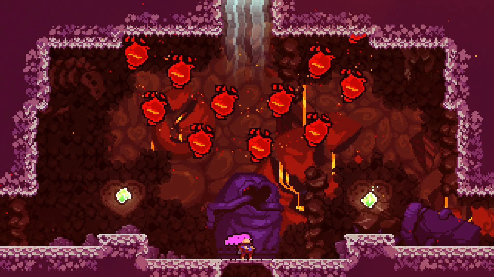 Những quả cầu đỏ bao trùm nhân vật, đại diện cho những thử thách nội tâm trong game platformer Celeste.