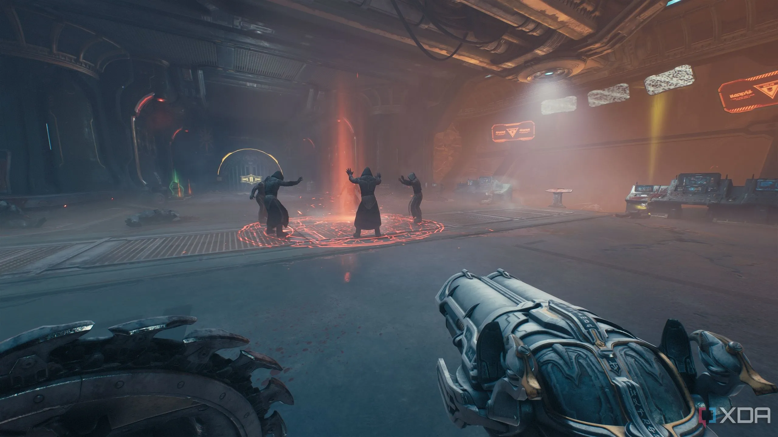 Những tín đồ quỷ (Hell Cultists) đang tụ tập trong căn phòng chứa thẻ vàng (yellow keycard) ở Chương 12 Doom The Dark Ages.