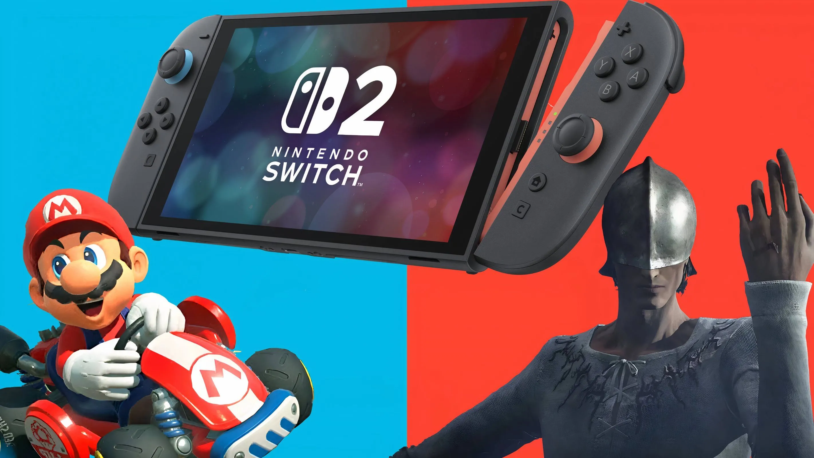 Nintendo Switch 2 cùng Mario và nhân vật từ The Duskbloods, thể hiện thế hệ console mới