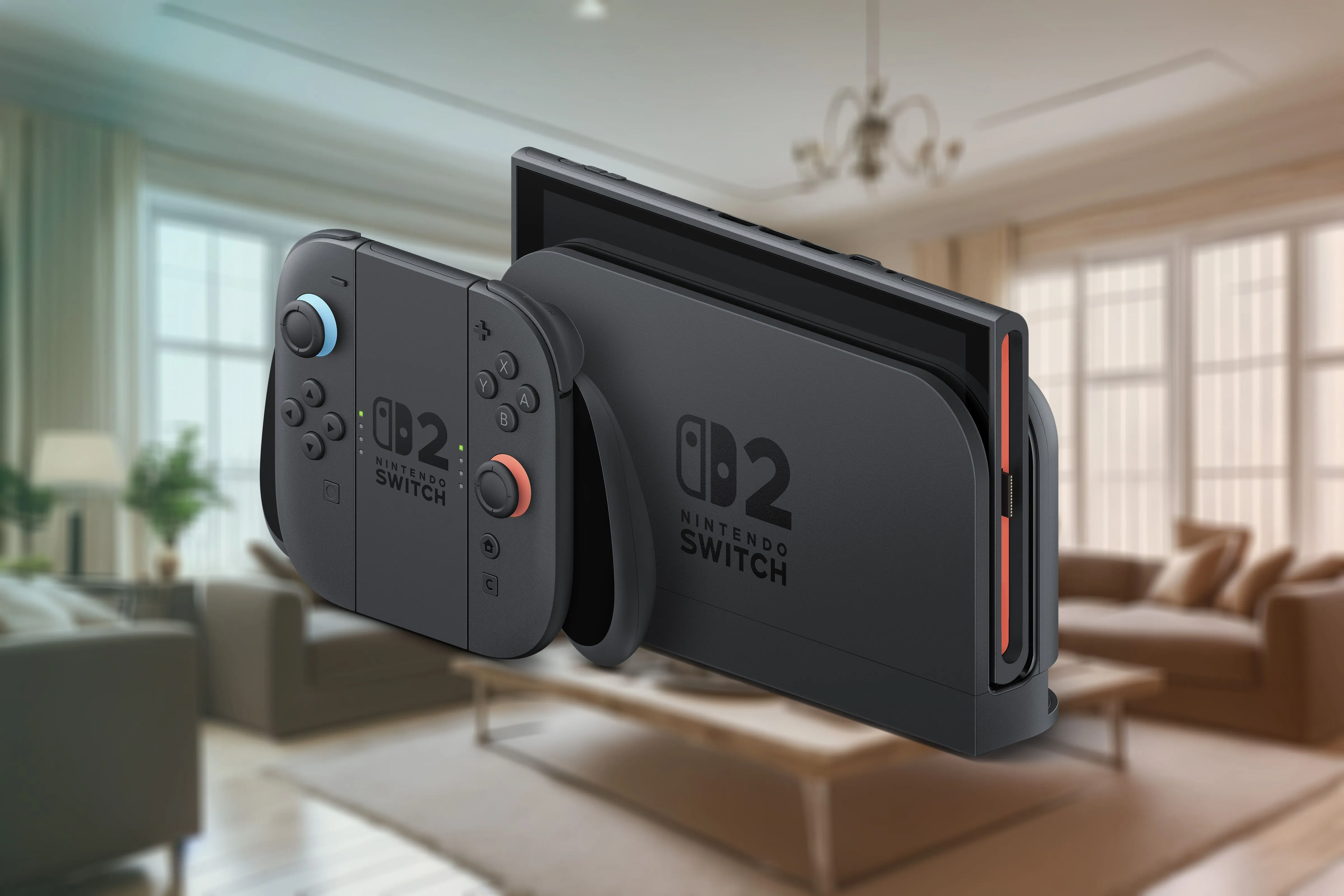 Nintendo Switch 2 đặt trên dock kèm hai tay cầm Joy-Con 2 trong không gian phòng khách