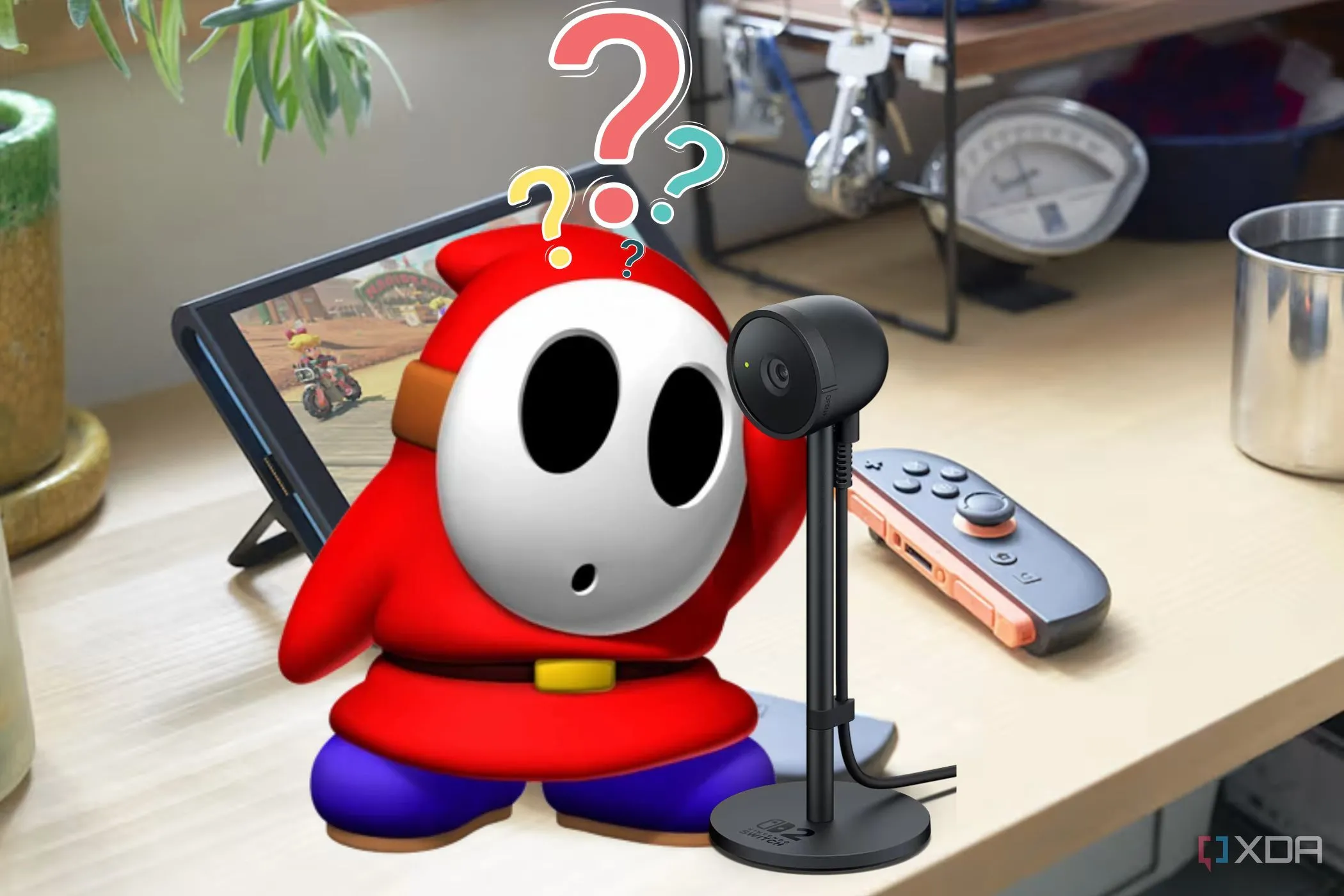Nintendo Switch 2 và nhân vật Shy Guy bối rối, tượng trưng cho những trải nghiệm game độc quyền hấp dẫn