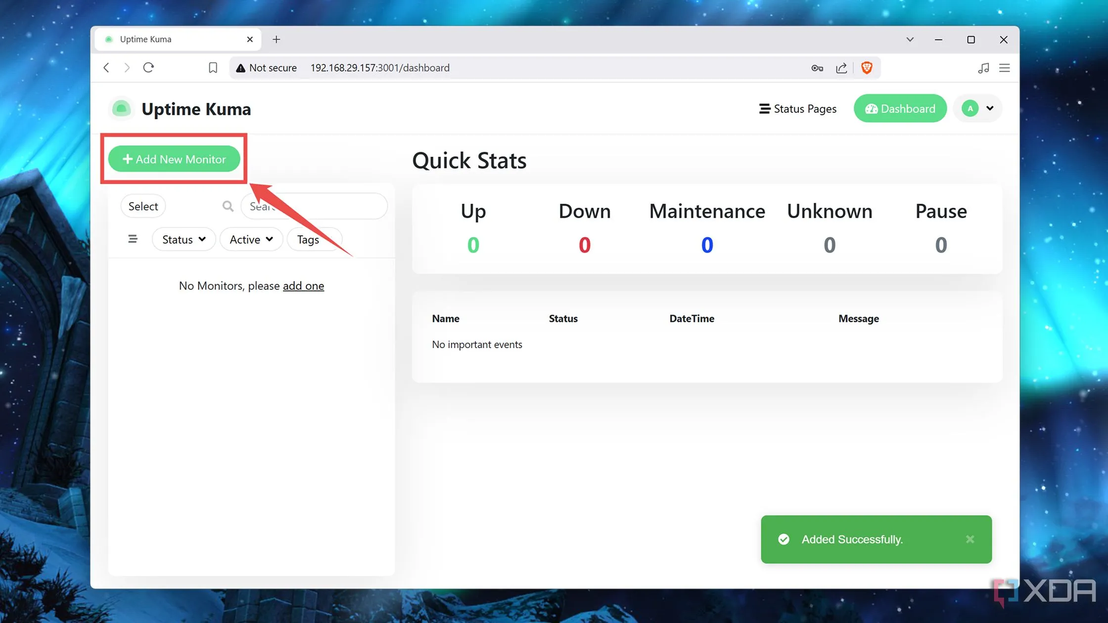 Nút &quot;Add New Monitor&quot; trên Dashboard Uptime Kuma để thêm dịch vụ mới