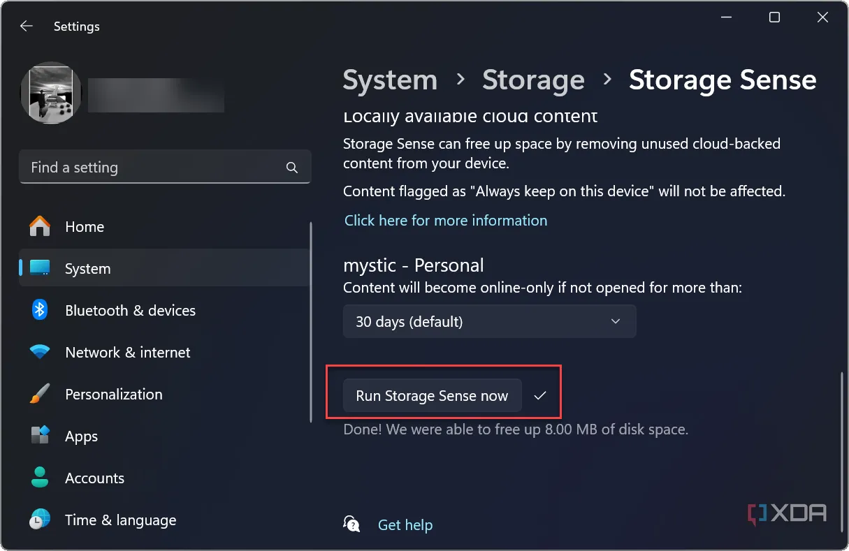 Nút &quot;Chạy Storage Sense ngay&quot; để quản lý Files On-Demand tự động.