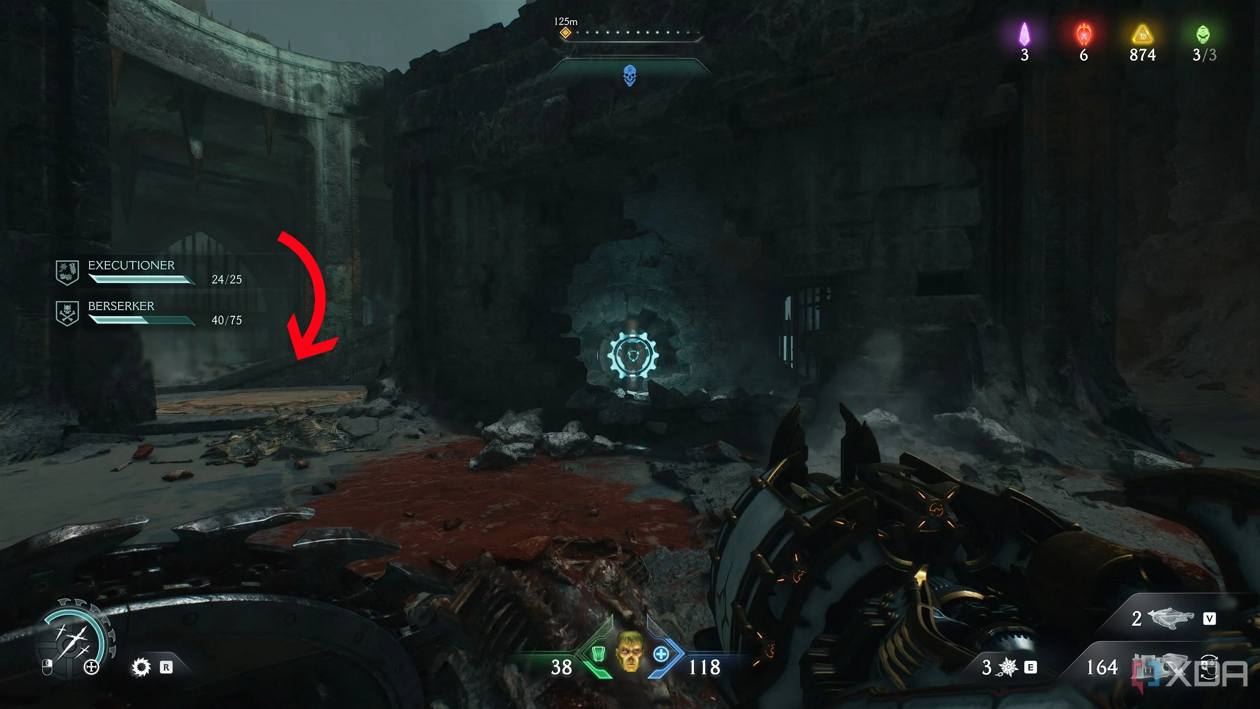 Nút năng lượng màu xanh bên trong tường cầu thang xoắn ốc trong Chapter 19 Doom: The Dark Ages