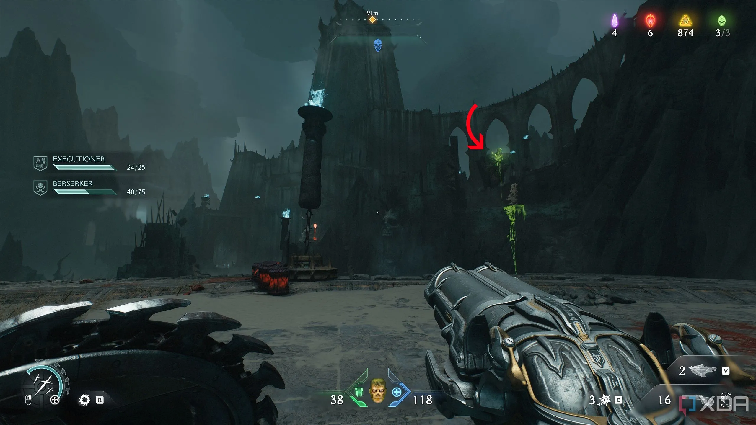 Nút thịt xanh ở phía xa trên cao từ cầu thang xoắn ốc trong Chapter 19 Doom: The Dark Ages