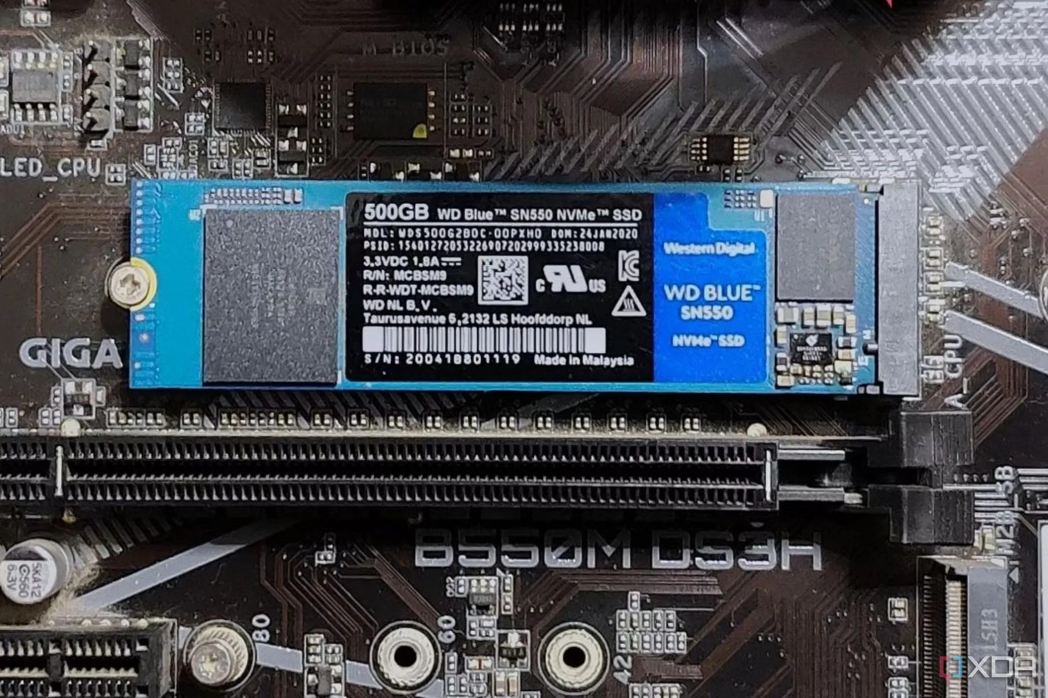 Ổ cứng SSD NVMe WD Blue SN550 M.2 Gen3 được lắp đặt trên bo mạch chủ máy tính