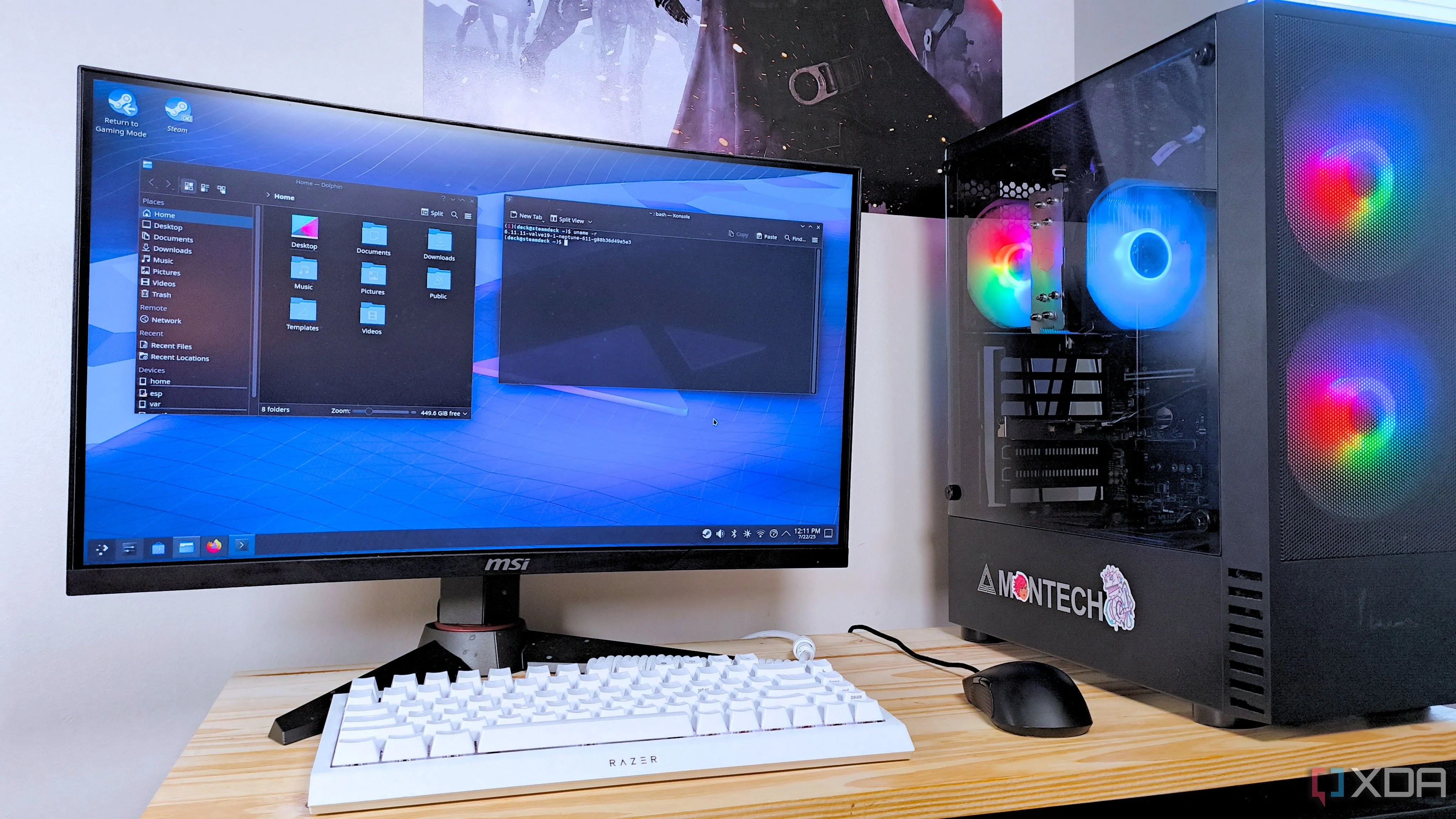 PC chơi game chạy SteamOS hiển thị các ứng dụng Files và Terminal đang hoạt động trong môi trường desktop KDE Plasma