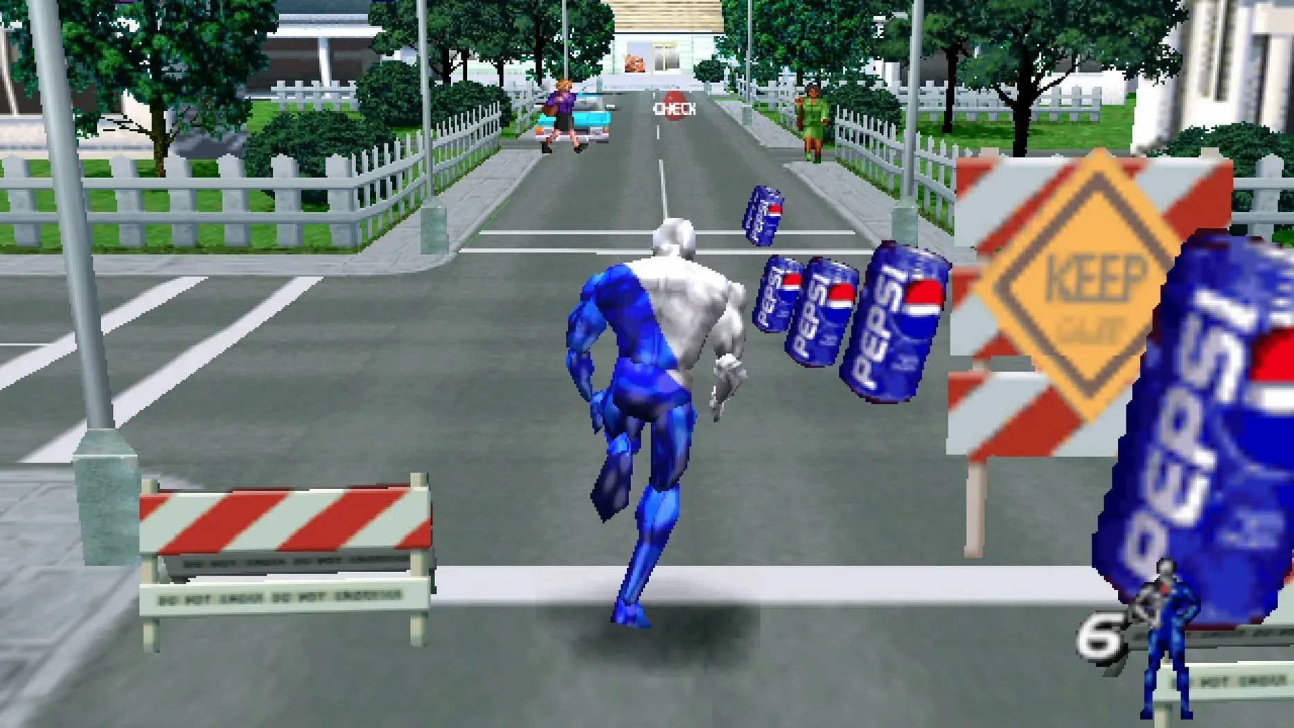 Pepsiman chạy trên đường phố, thu thập lon Pepsi