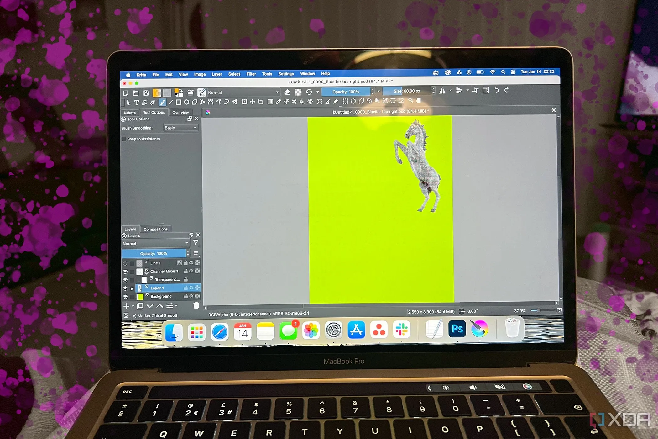 Phần mềm Krita chạy trên MacBook, biểu tượng cho sự linh hoạt và tự do trong quy trình làm việc mã nguồn mở