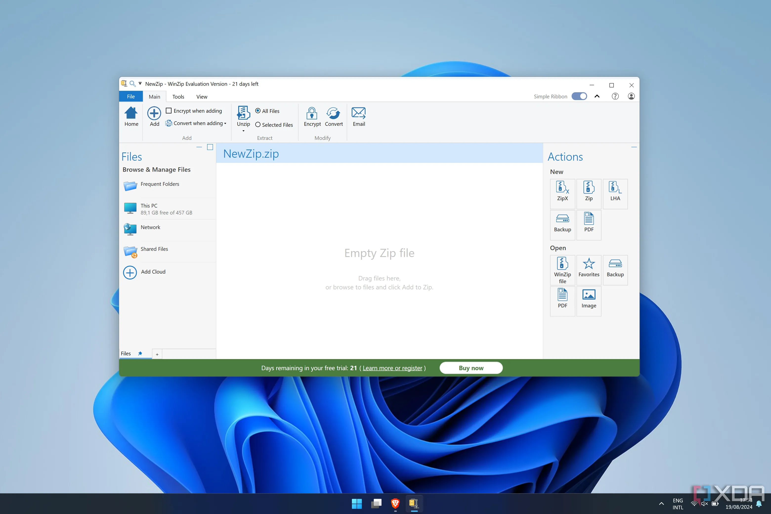 Phần mềm WinZip đang chạy trên hệ điều hành Windows 11, thể hiện giao diện nén và giải nén tệp tin.