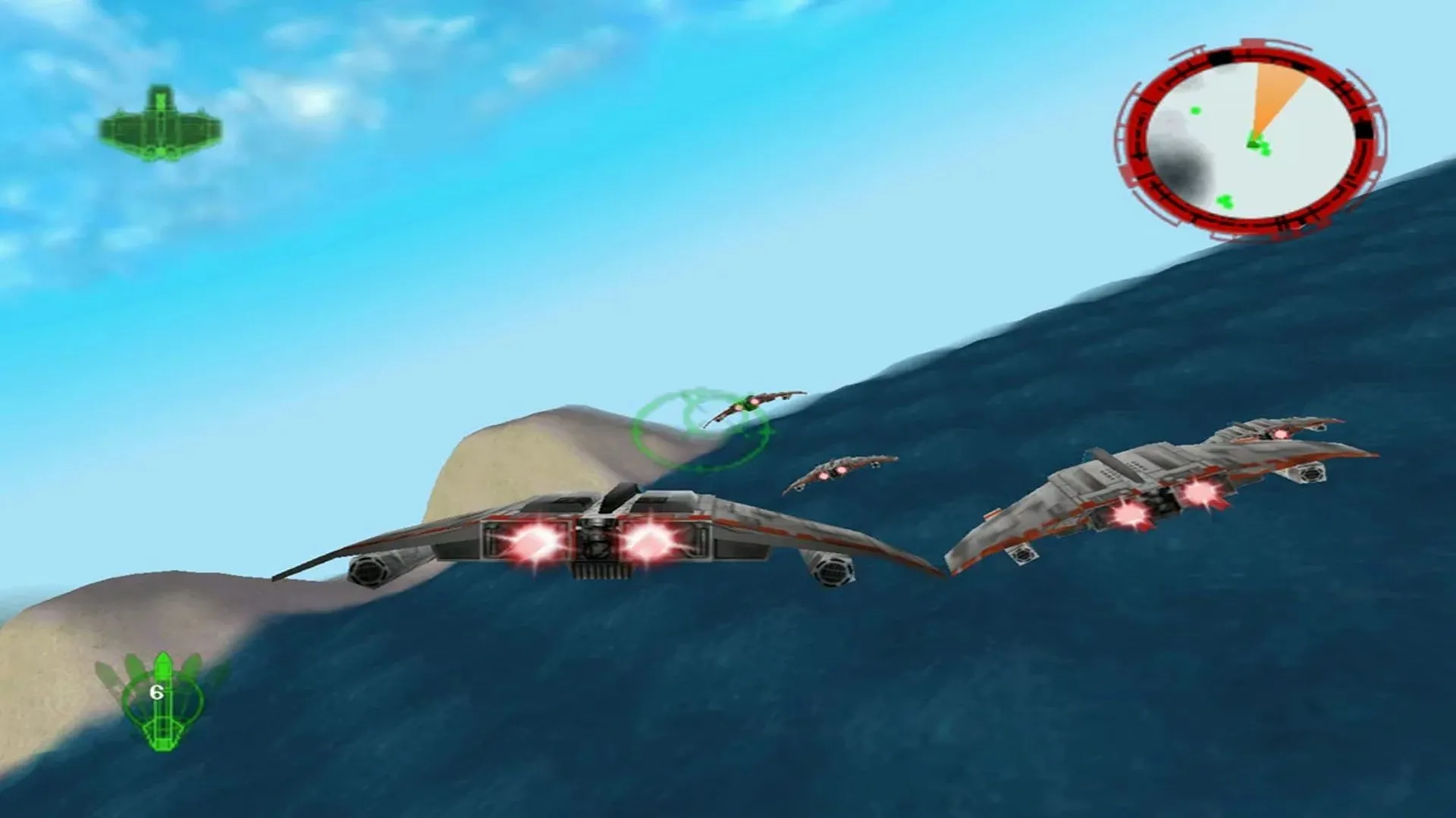 Phi đội V-Wing Starfighter của phe Rebel Alliance bay lượn trong game Star Wars Rogue Squadron bản N64