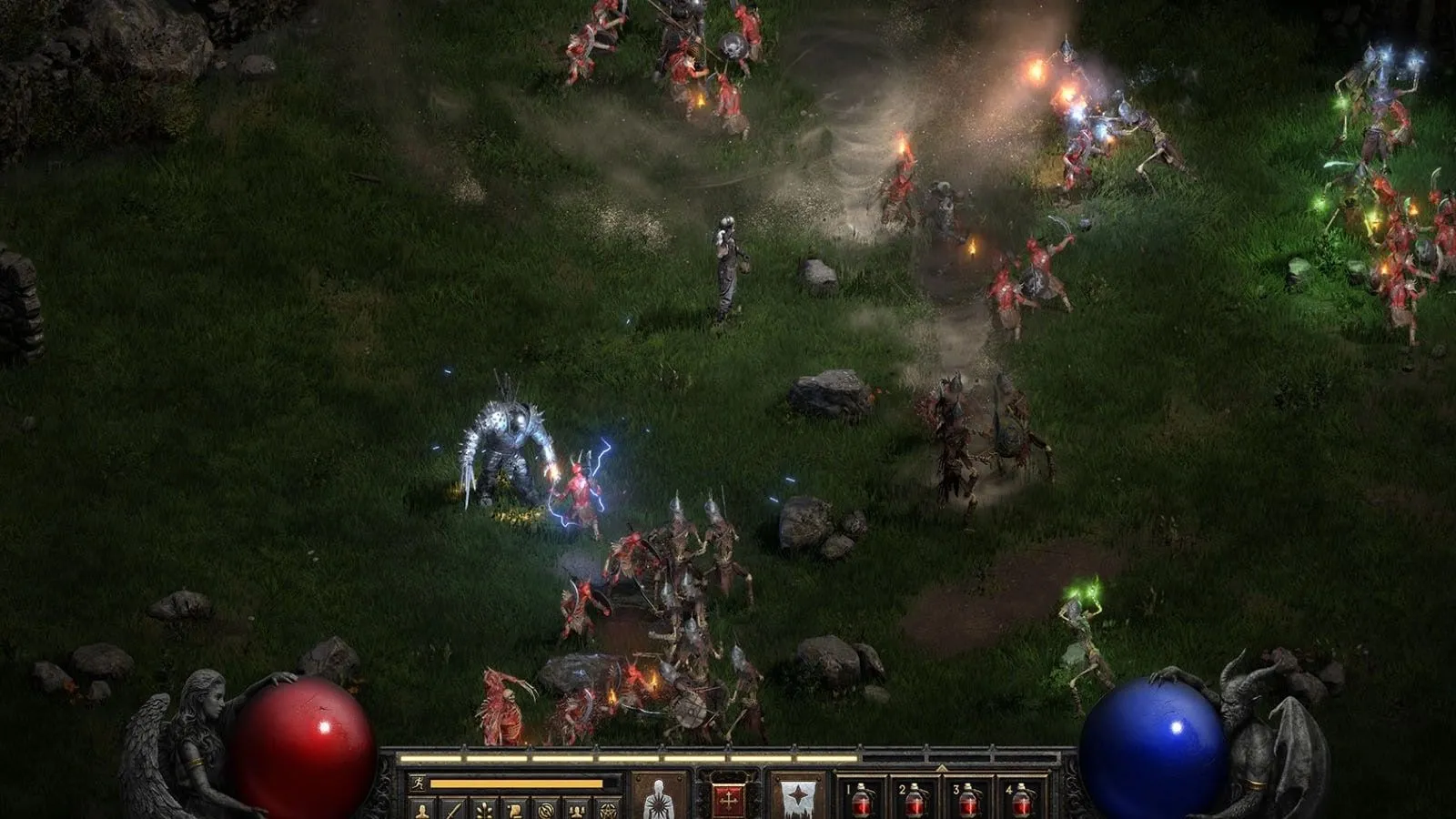 Phù thủy trong Diablo 2 Resurrected đang chiến đấu trong một khu rừng u ám