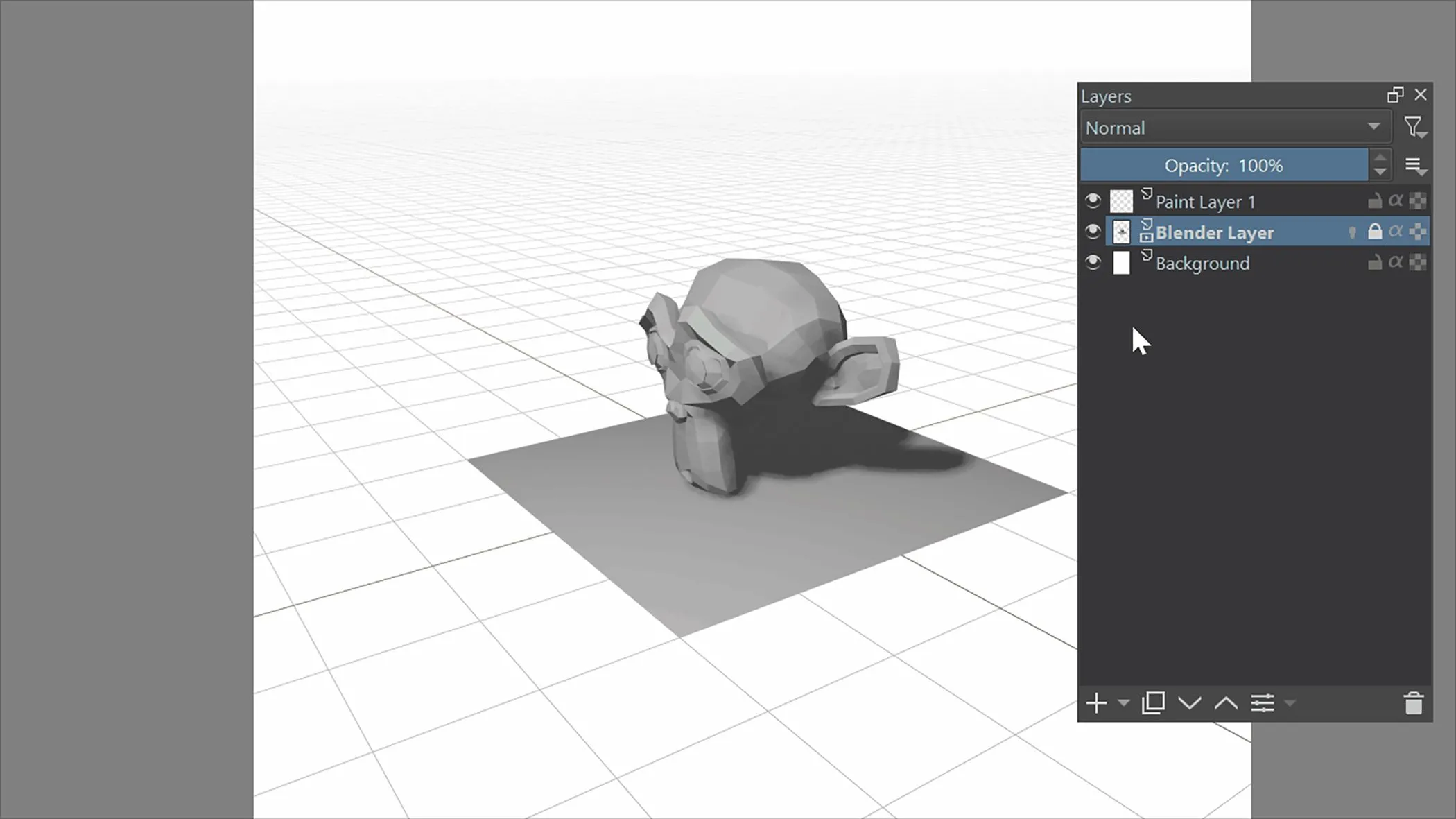 Plugin Blender Layer của Krita hiển thị mô hình 3D từ Blender trực tiếp trong cửa sổ Krita, cho phép tương tác như một lớp vẽ thông thường.