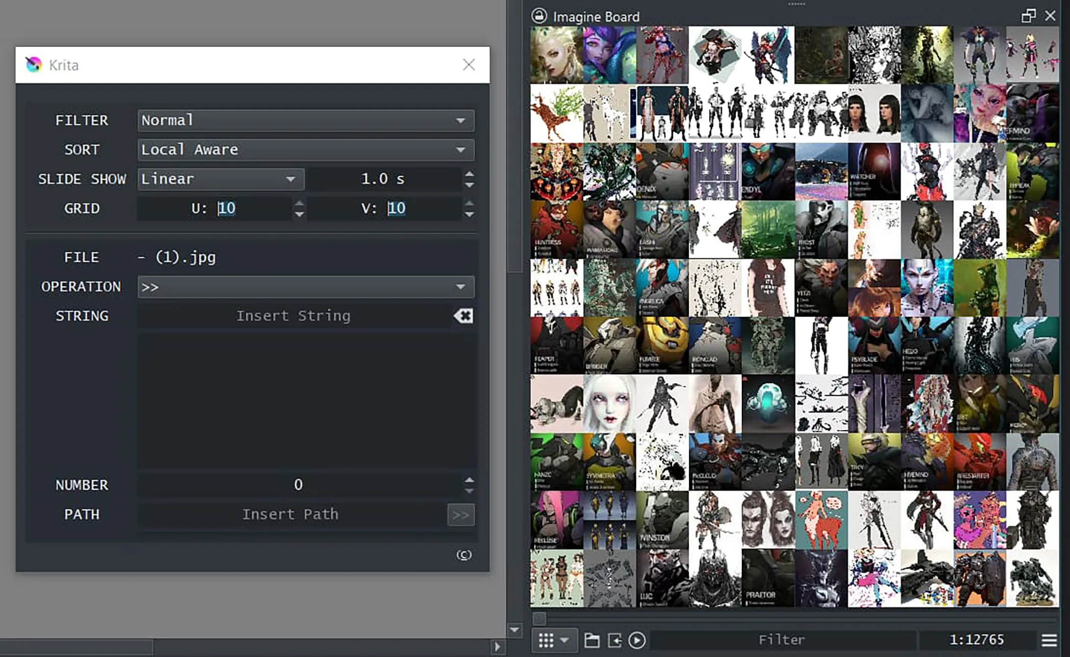 Plugin Imagine Board của Krita hiển thị bảng ý tưởng (image board) dạng lưới, giúp người dùng duyệt và sắp xếp hình ảnh tham khảo một cách trực quan.