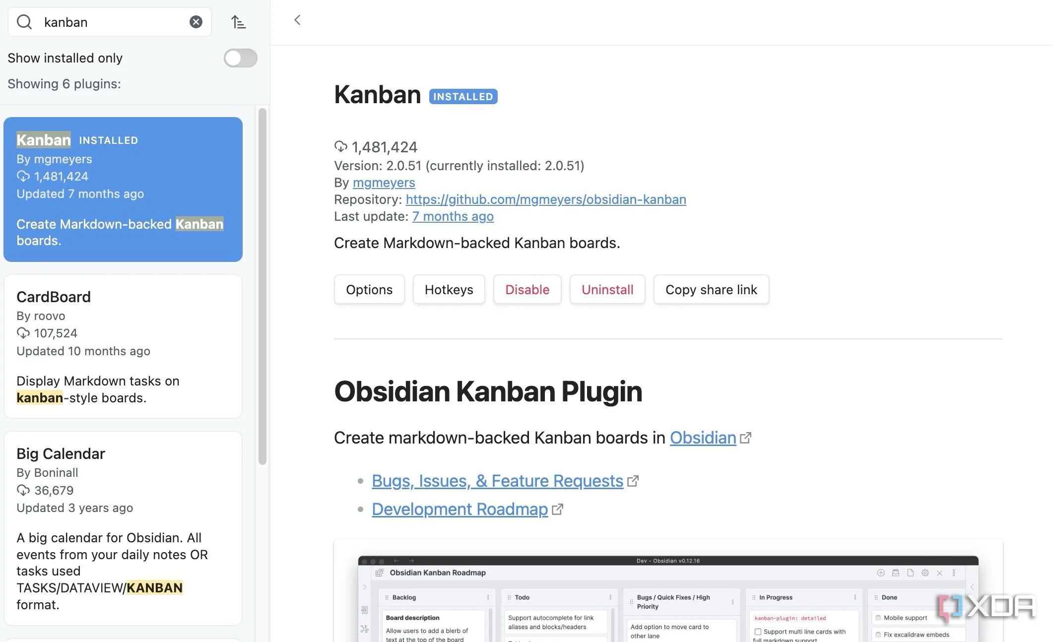 Plugin Kanban được tìm thấy trong danh sách plugin của Obsidian, sẵn sàng để cài đặt cho quản lý dự án.