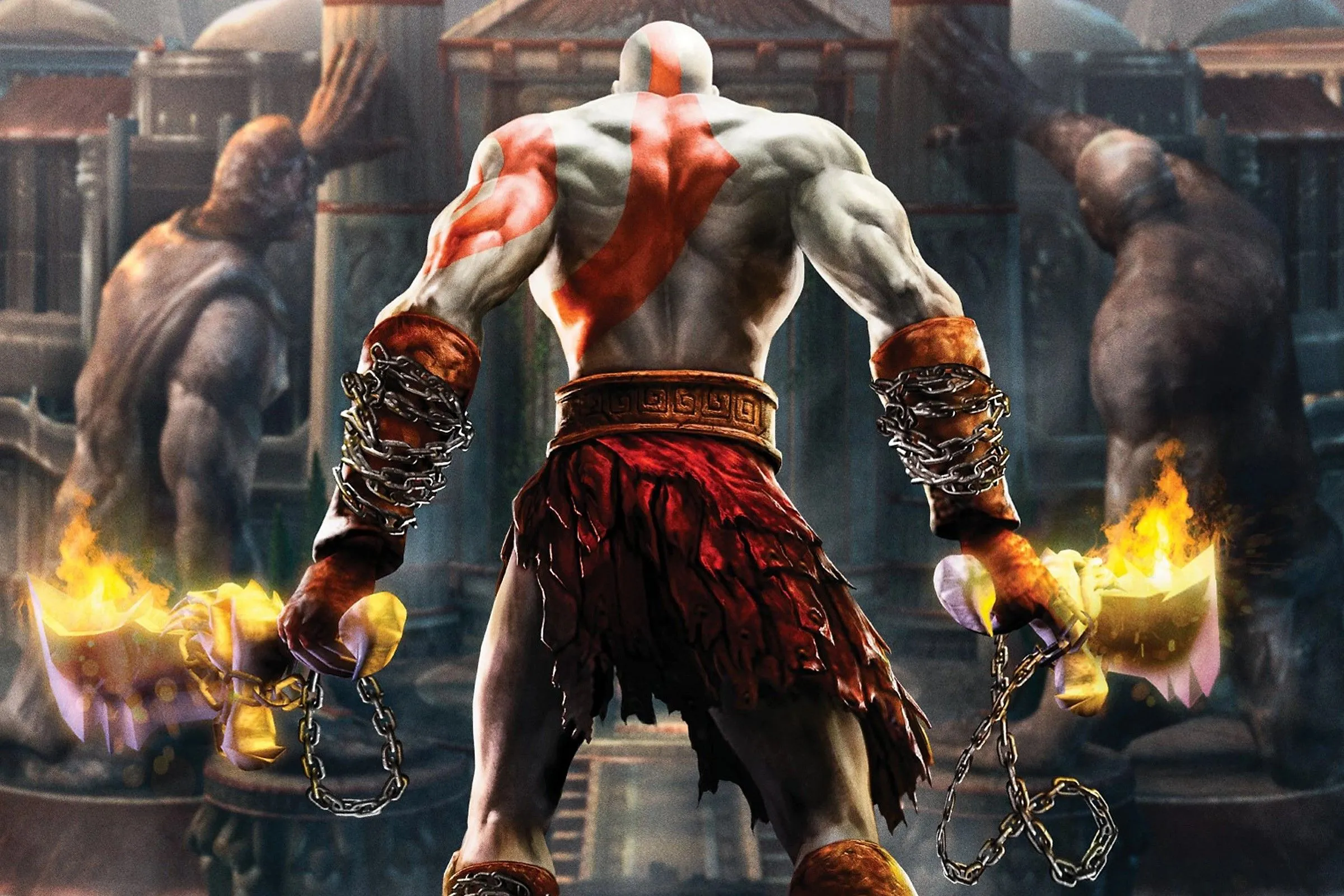 Poster game God of War II, với Kratos đang giận dữ và Blades of Chaos