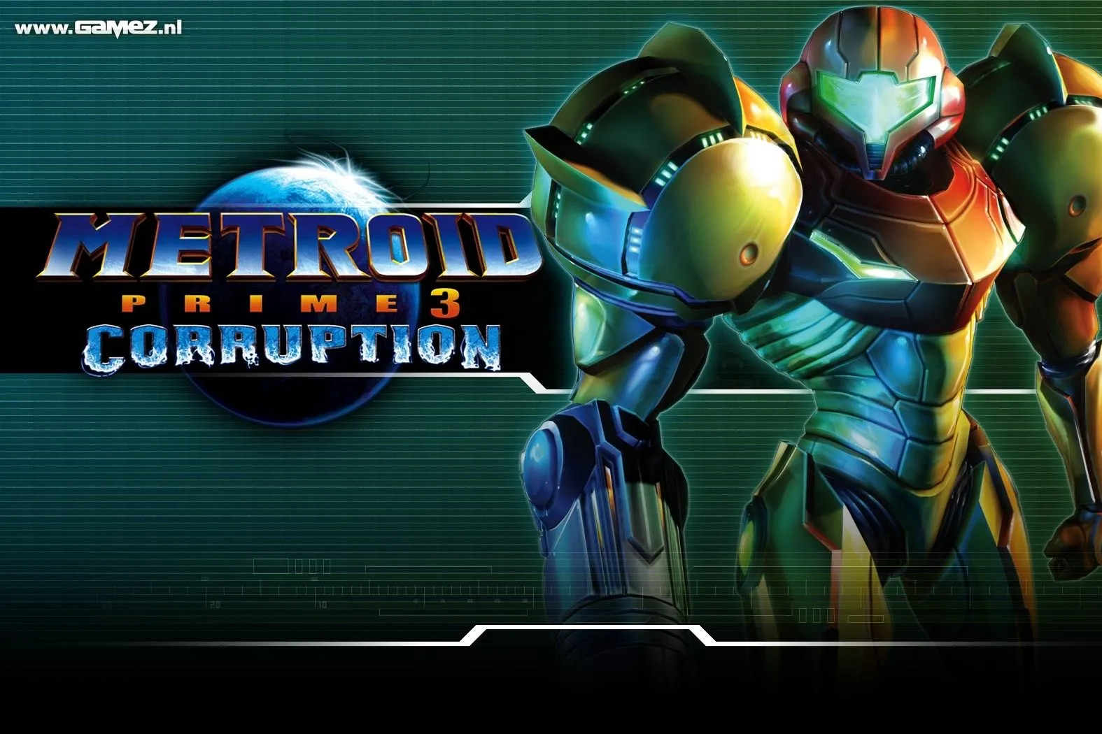 Poster game Metroid Prime 3: Corruption trên Nintendo Wii, thể hiện Samus Aran với bộ giáp Power Suit