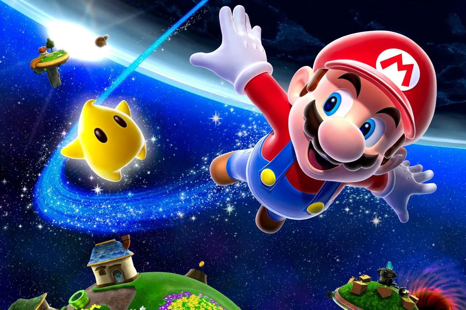 Poster game Super Mario Galaxy, với Mario bay lượn giữa các hành tinh
