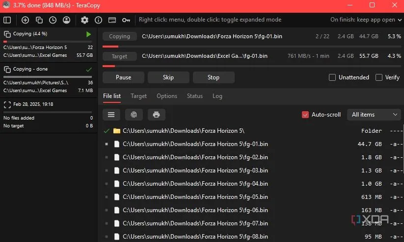 Quá trình sao chép file đang diễn ra với giao diện TeraCopy, hiển thị tùy chọn bỏ qua file lỗi