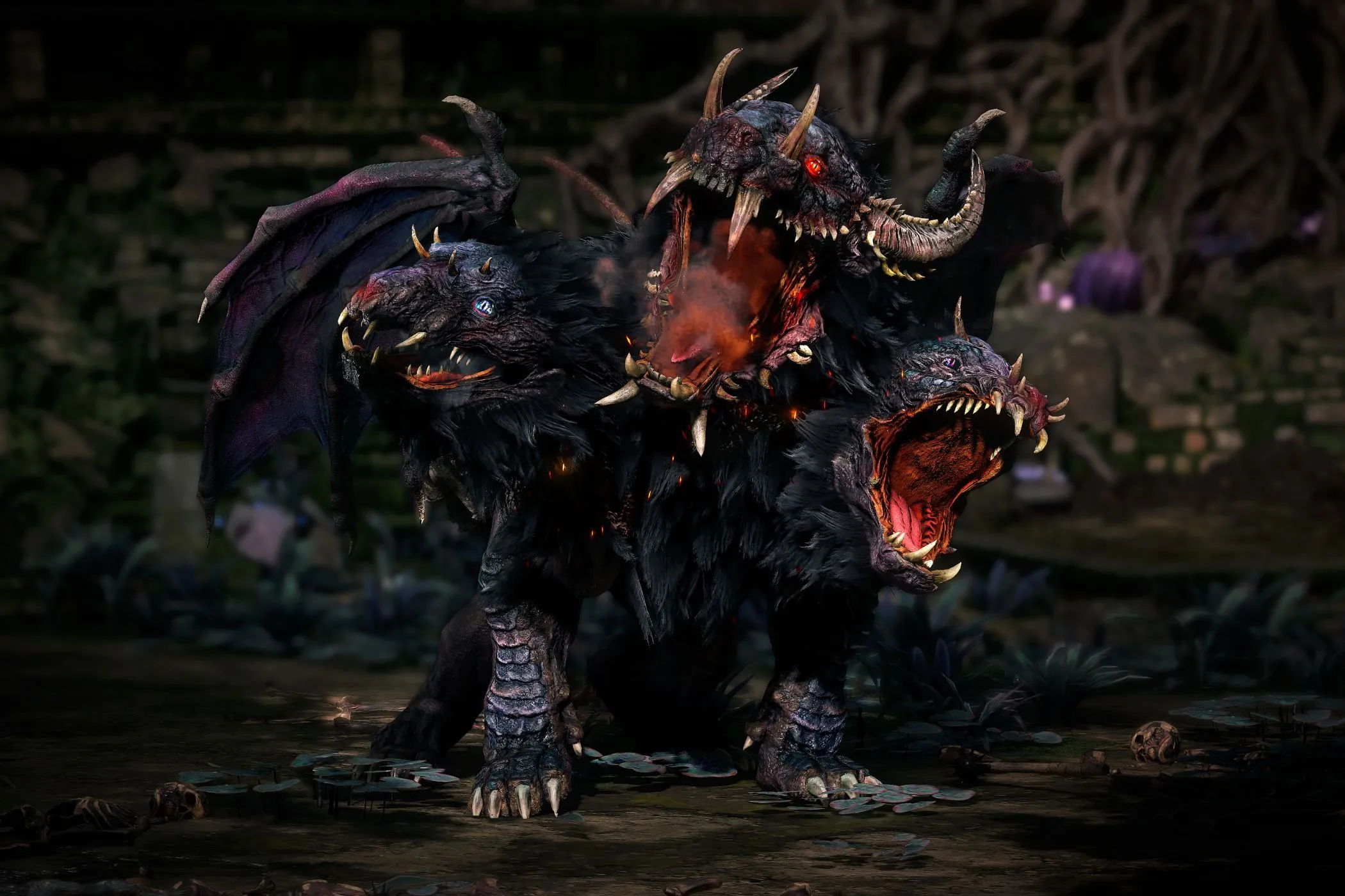 Quái vật Cerberus ba đầu gầm rống đầy dữ tợn trong Path of Exile 2, minh họa thiết kế kẻ thù ấn tượng của game