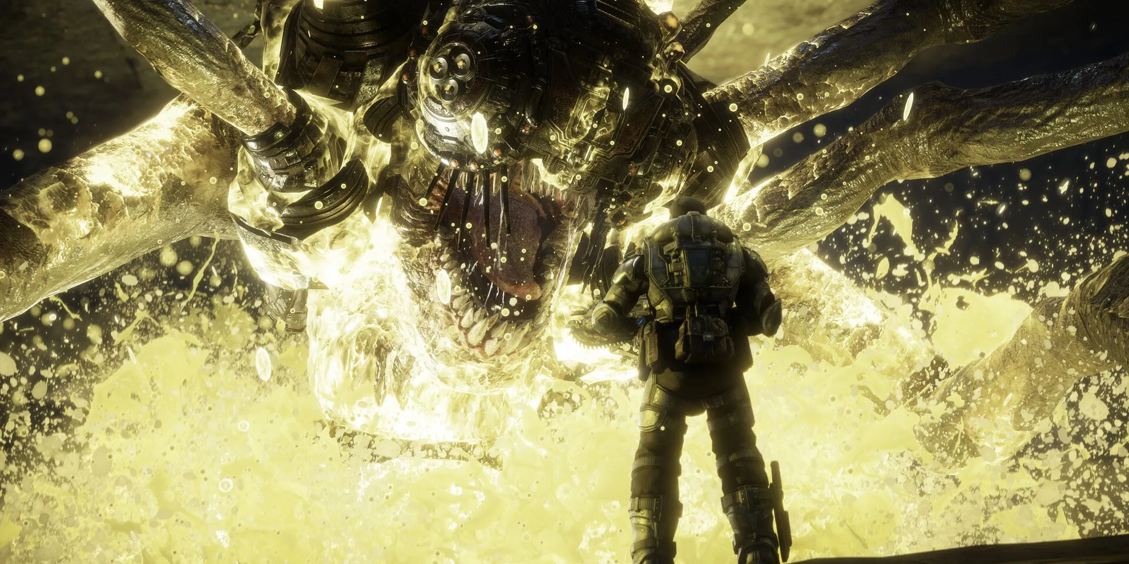 Quái vật Corpser khổng lồ trong một cảnh chiến đấu của Gears of War Ultimate Edition