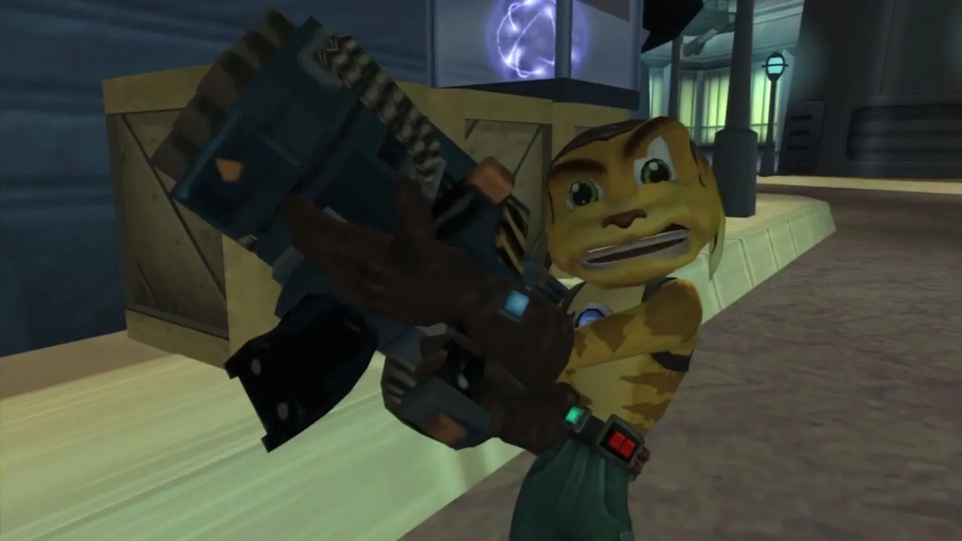 Ratchet đang cầm khẩu RYNO với uy lực khủng khiếp trong tựa game Ratchet &amp; Clank