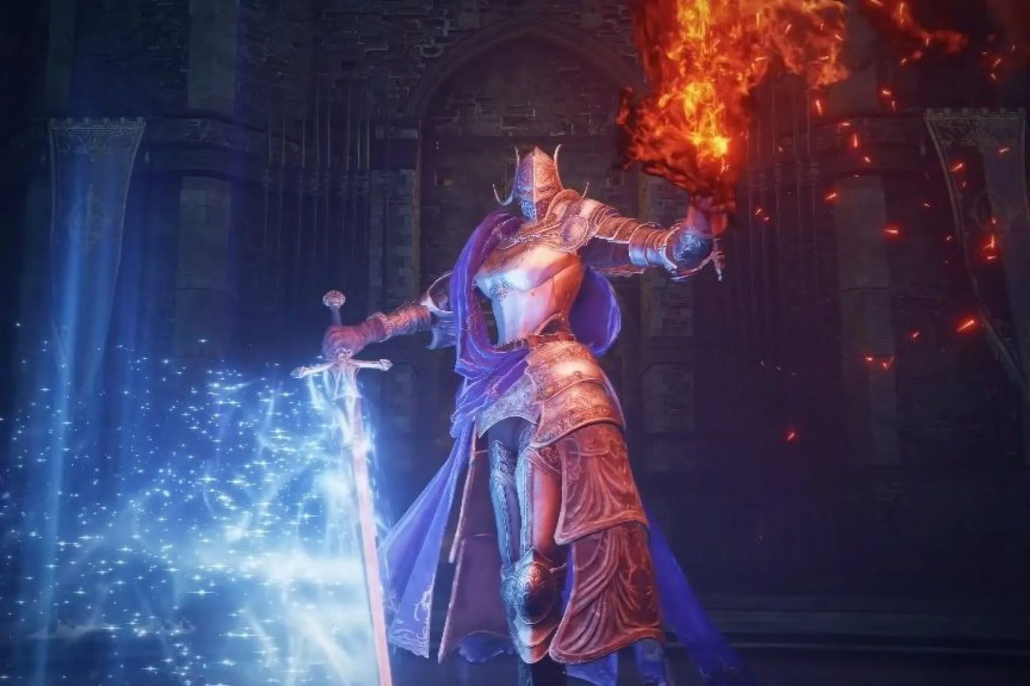 Rellana Twin Moon Knight với song kiếm ma thuật và lửa trong Elden Ring DLC