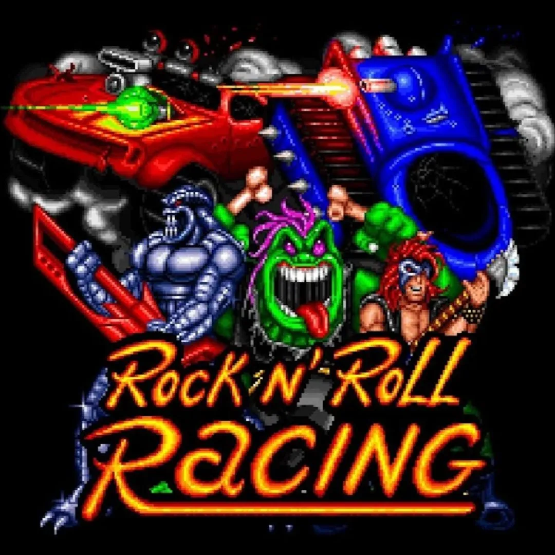 Rock n' Roll Racing trên SNES với góc nhìn isometric và nhạc rock sôi động