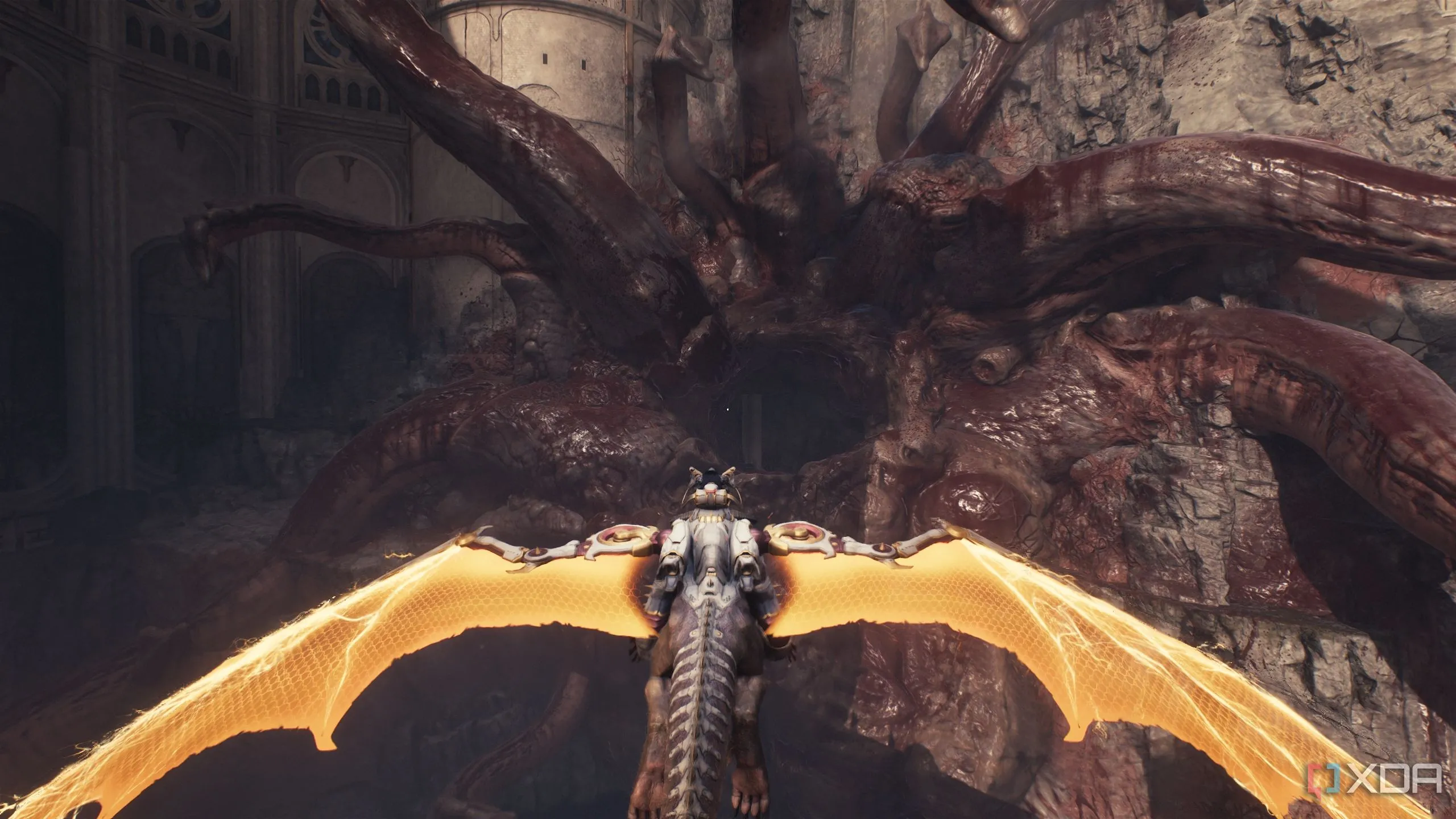 Rồng Serrat bay xuyên qua một Leviathan quỷ bị mắc kẹt trên tường thành ở Doom: The Dark Ages