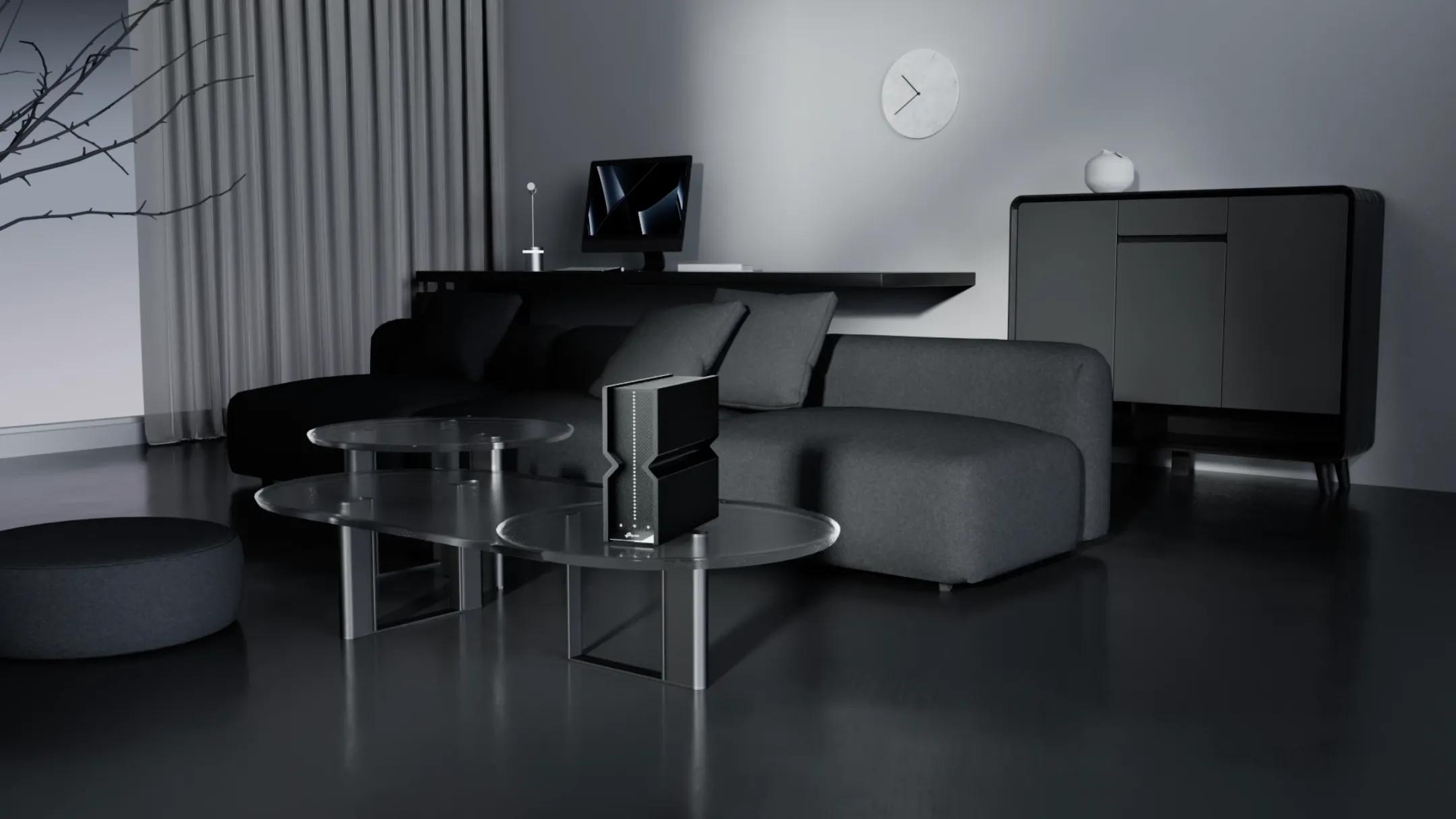 Router TP-Link Archer BE550 Wi-Fi 7 ba băng tần BE9300 đặt trong không gian phòng khách hiện đại, minh họa khả năng phủ sóng rộng