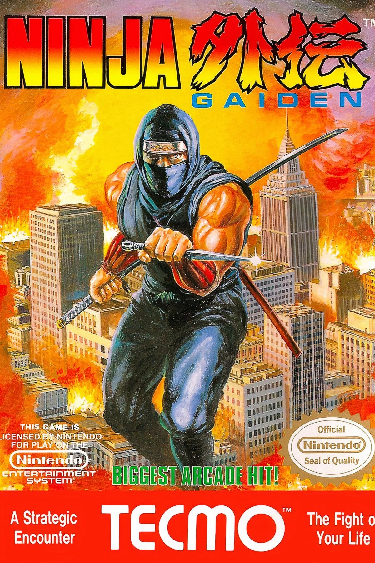 Ryu Hayabusa lao vào kẻ thù bằng thanh kiếm của mình trong một cảnh chiến đấu của Ninja Gaiden trên NES
