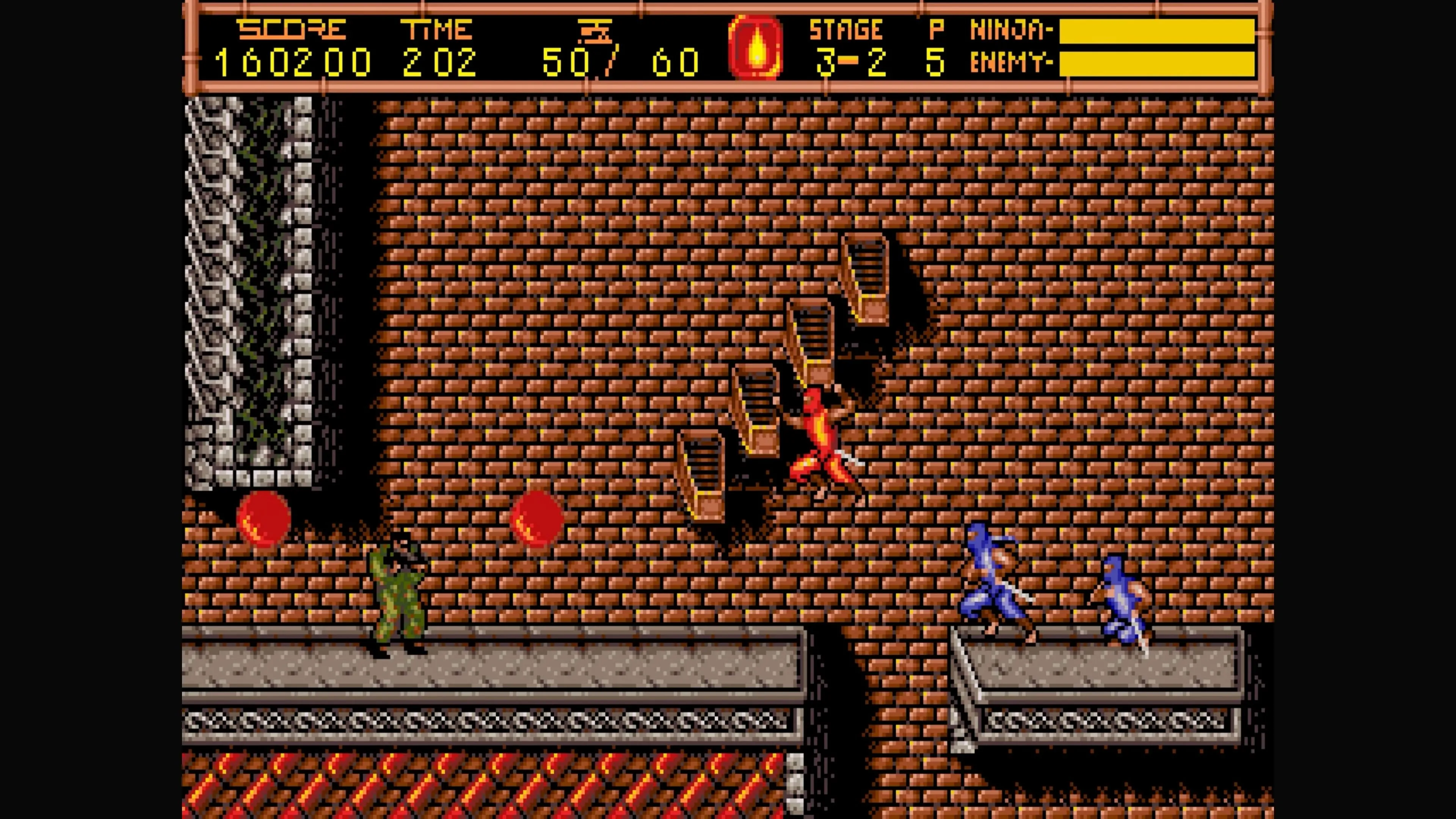 Ryu platforming trước bức tường gạch trong Ninja Gaiden 2