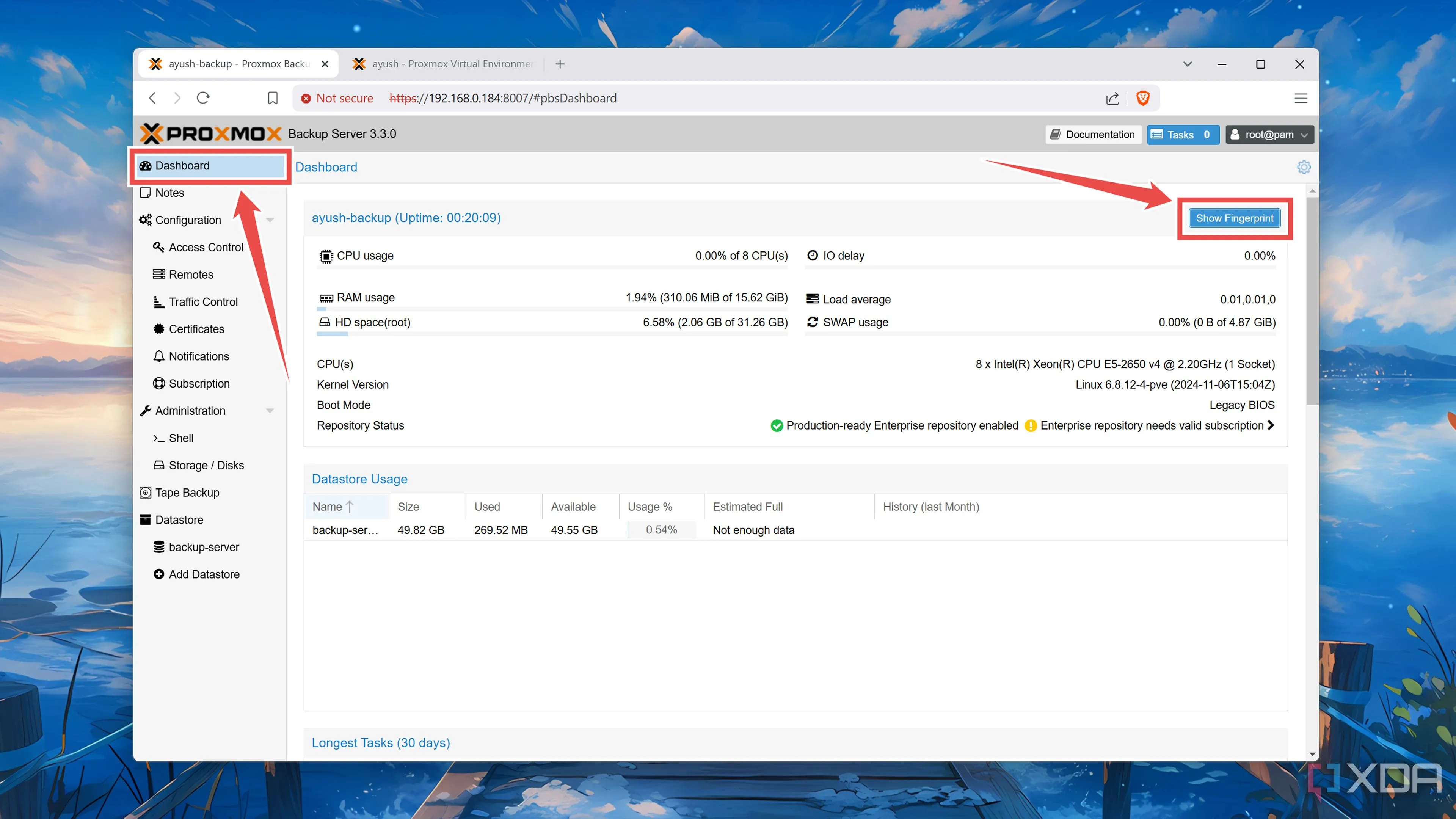 Sao chép Fingerprint (mã định danh) từ Dashboard của Proxmox Backup Server web UI để xác thực kết nối