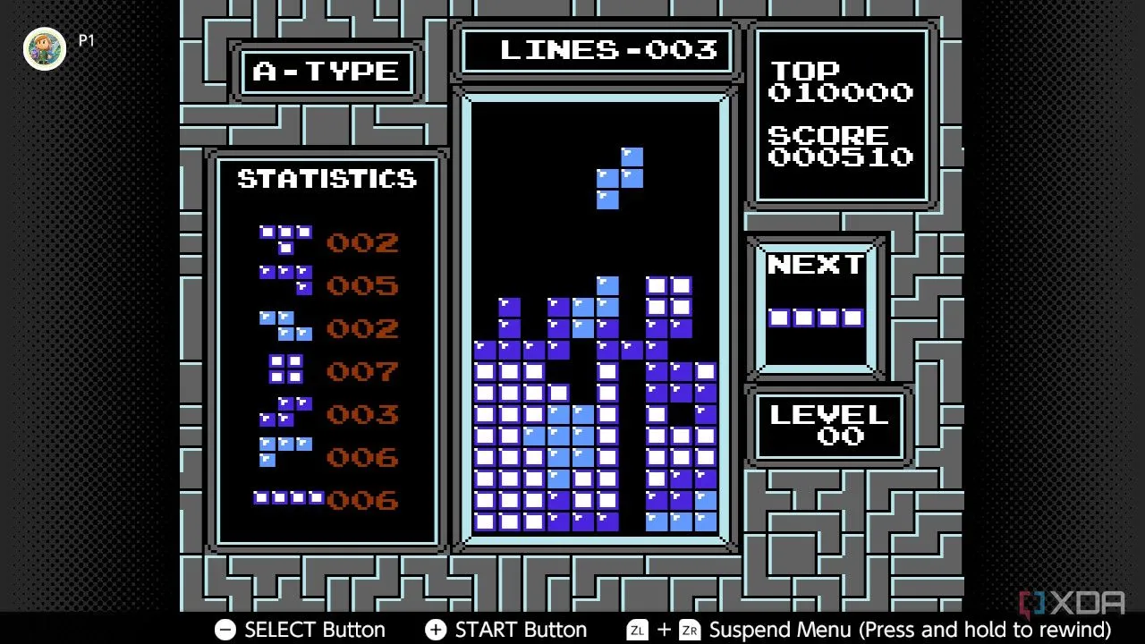 Screenshot của Tetris phiên bản NES trên dịch vụ Nintendo Switch Online