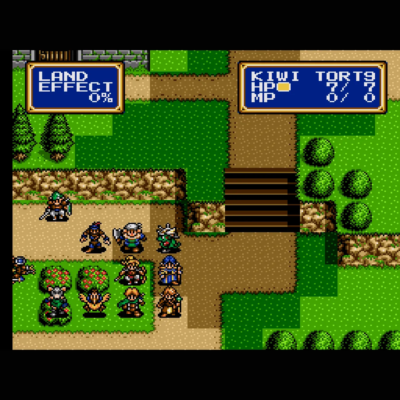 Shining Force 2 với cảnh giao chiến chiến thuật trên một ngọn đồi xanh mướt, hiển thị các nhân vật pixel và hiệu ứng đòn đánh rực rỡ, nhấn mạnh yếu tố RPG chiến thuật.