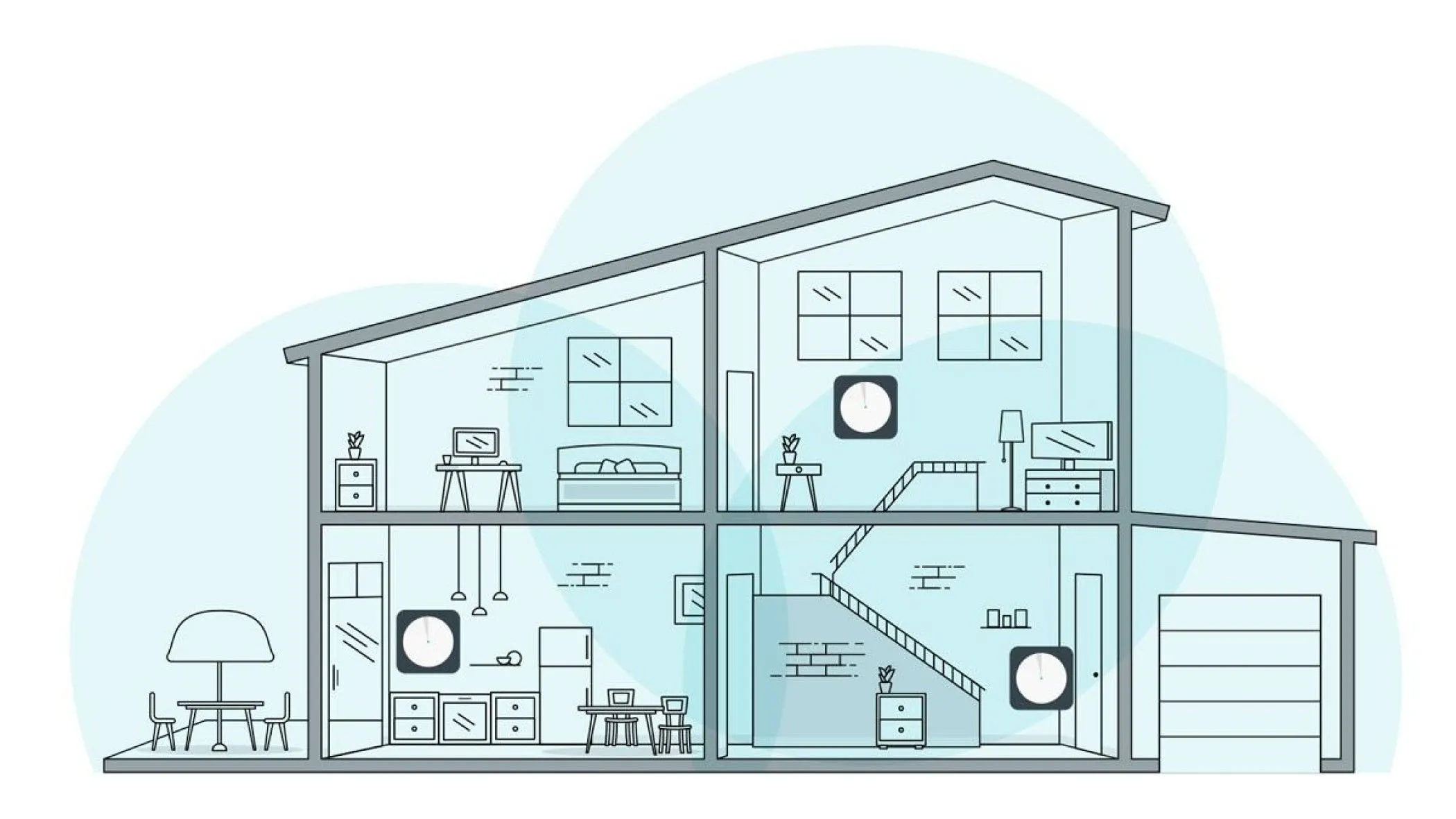 Sơ đồ minh họa vị trí đặt 3 node Wi-Fi Mesh chiến lược trong một ngôi nhà đa tầng để tối ưu hóa phạm vi phủ sóng.