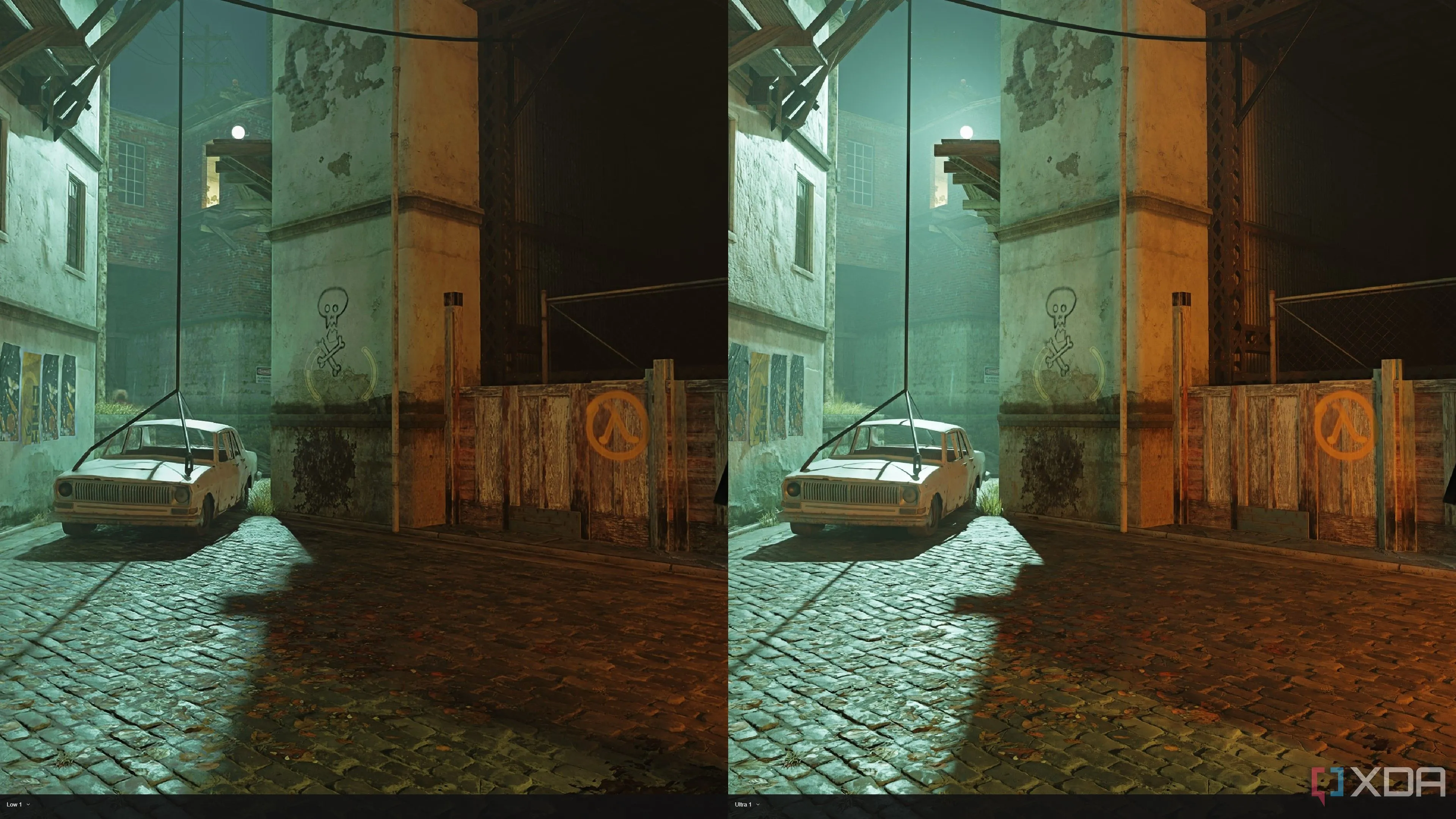 So sánh chất lượng ánh sáng Ray Tracing giữa cài đặt Ultra (phải) và Low (trái) trong Half-Life 2 RTX, cho thấy sự khác biệt không quá rõ rệt so với nâng cấp vật liệu.
