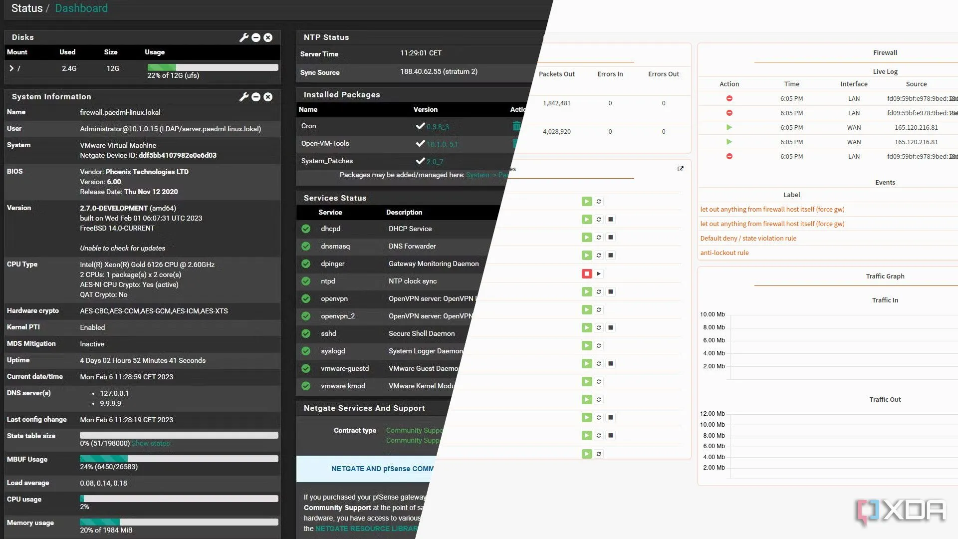 So sánh giao diện người dùng (UI) của OPNsense và pfSense trên máy tính, thể hiện các yếu tố điều khiển và bố cục đặc trưng của từng hệ thống tường lửa nguồn mở.
