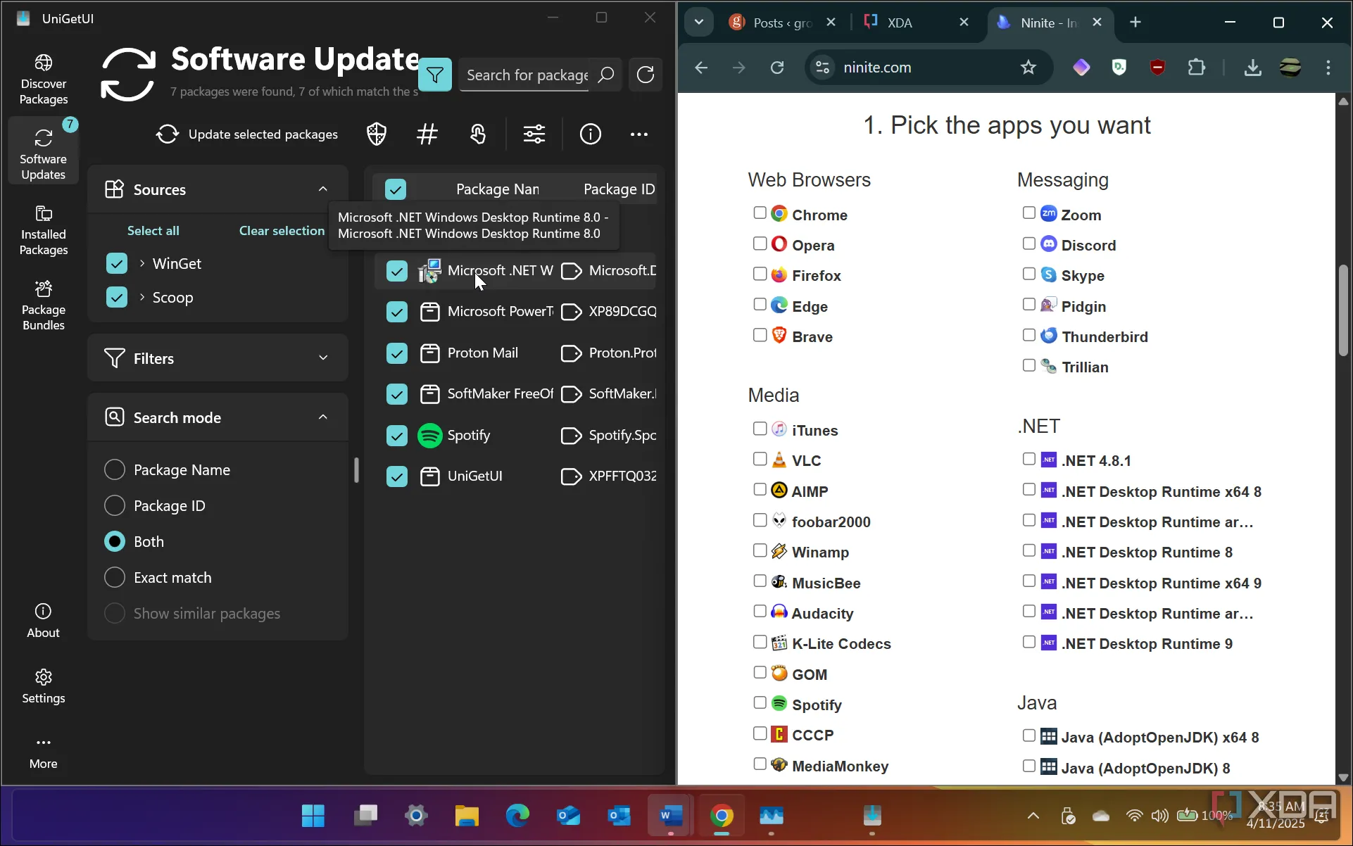 So sánh giao diện Ninite và UniGetUI trên màn hình chia đôi của Windows 11, làm nổi bật sự khác biệt