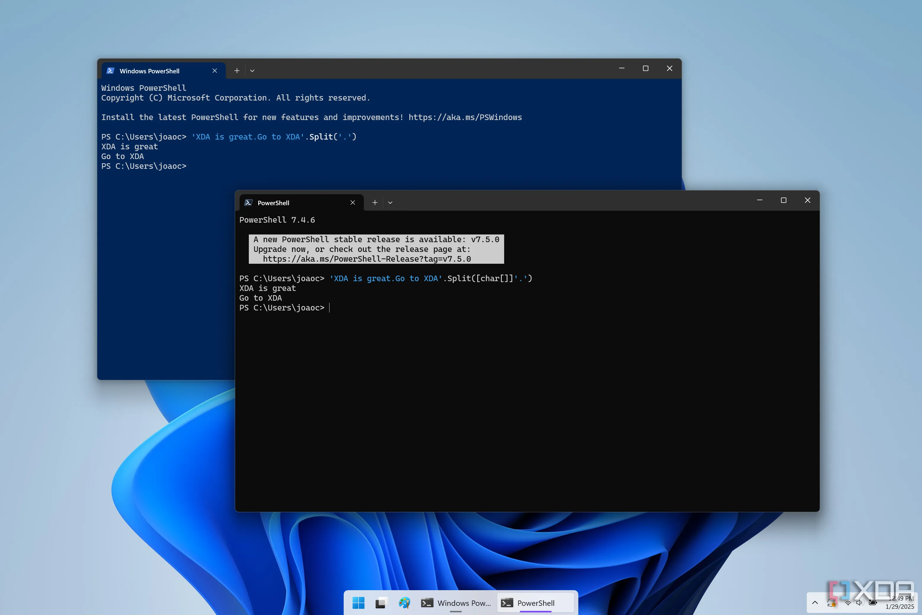 So sánh giao diện PowerShell và Windows PowerShell, nhấn mạnh khả năng quản lý ứng dụng và hệ thống