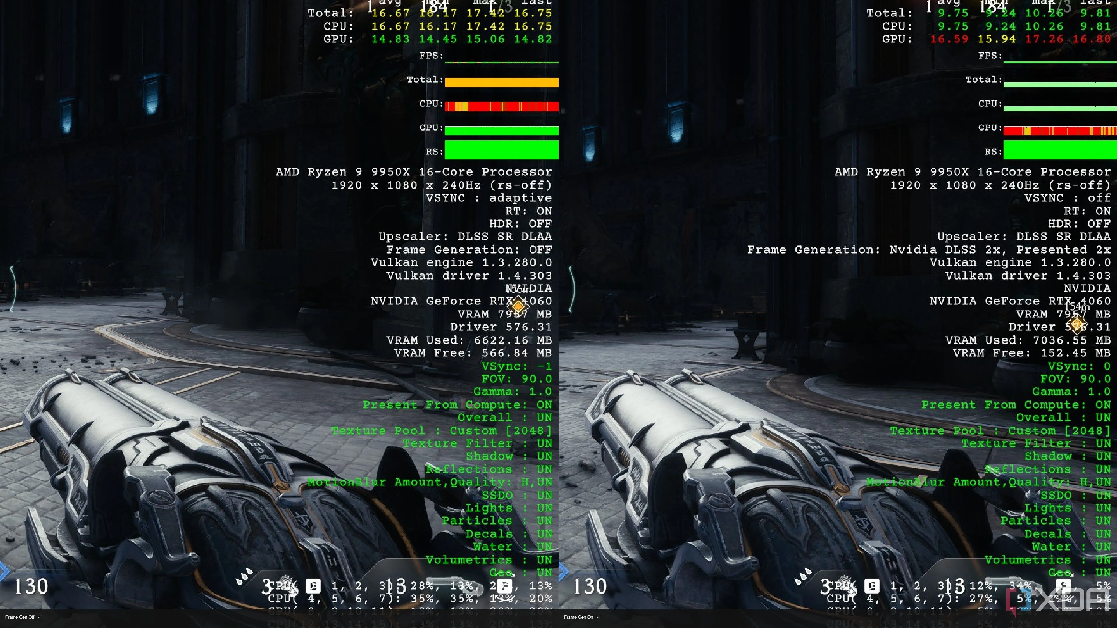 So sánh hiệu năng với và không có Frame Generation trên RTX 4060 trong Doom The Dark Ages