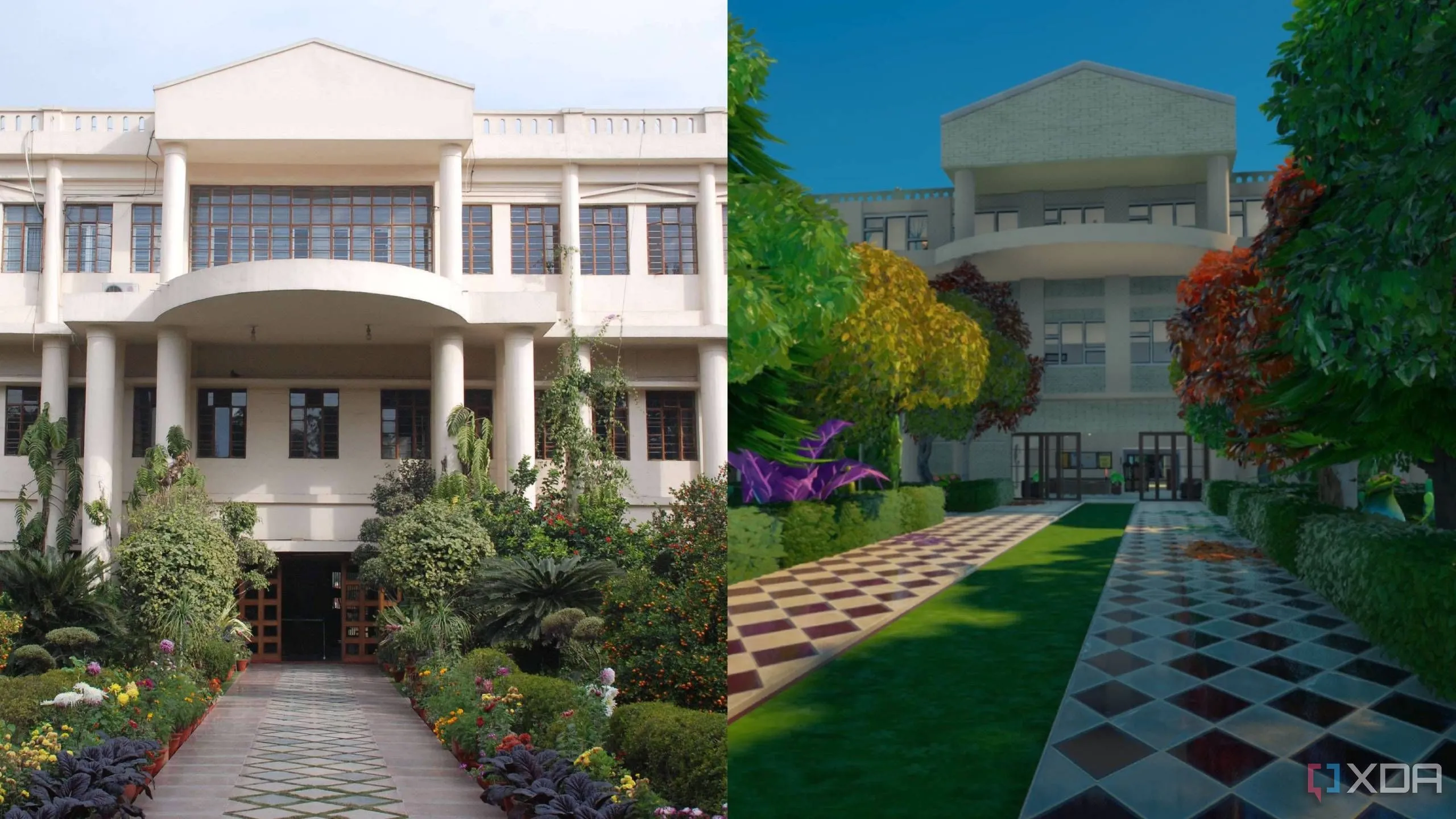 So sánh hình ảnh mặt tiền trường học thật và bản đồ trường học được tái tạo trong Fortnite bằng Unreal Editor