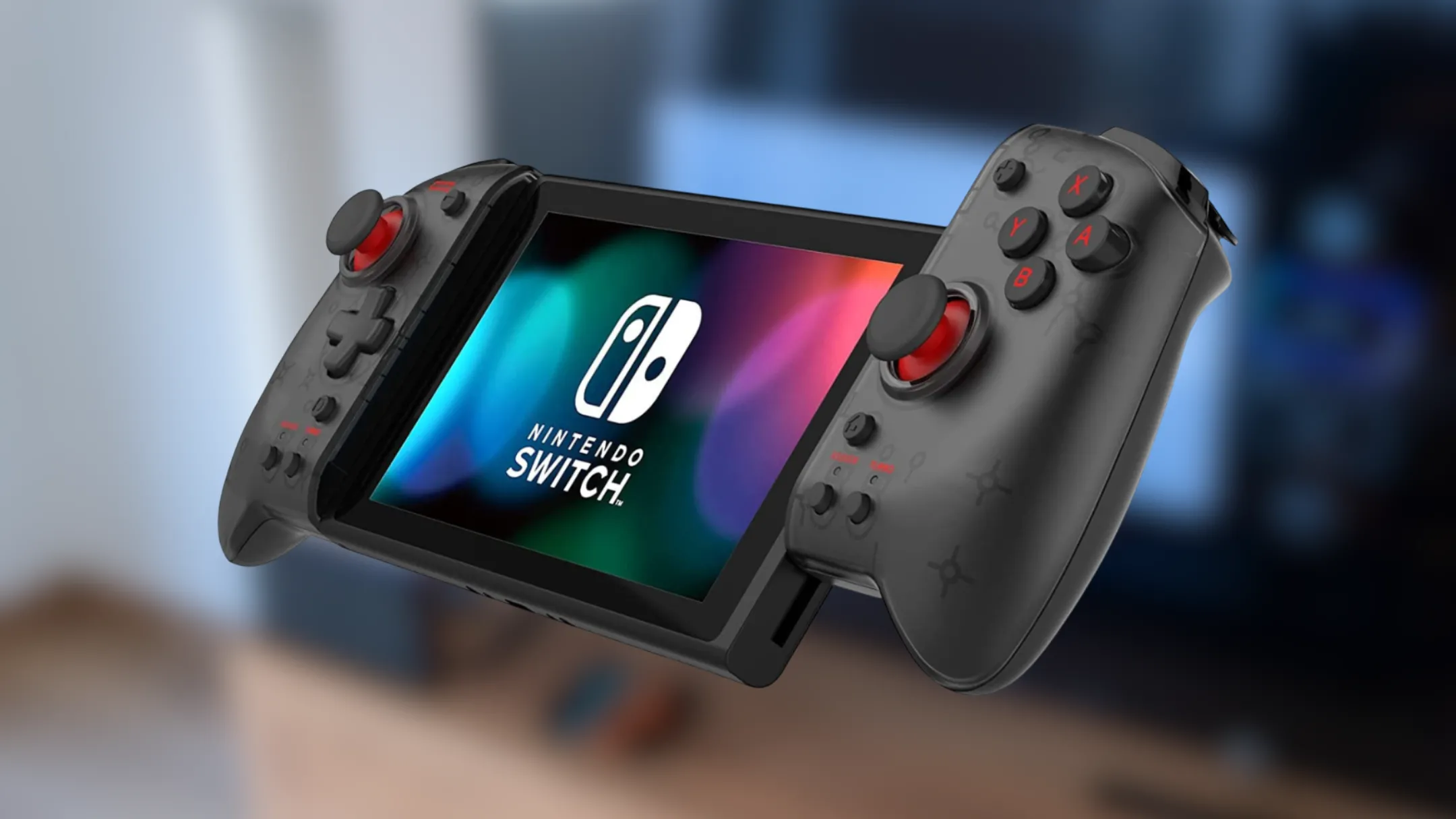 So sánh kích thước giữa Hori Split Pad Pro Attachment Set và Joy-Con tiêu chuẩn của Nintendo Switch, cho thấy tay cầm Hori lớn hơn đáng kể.
