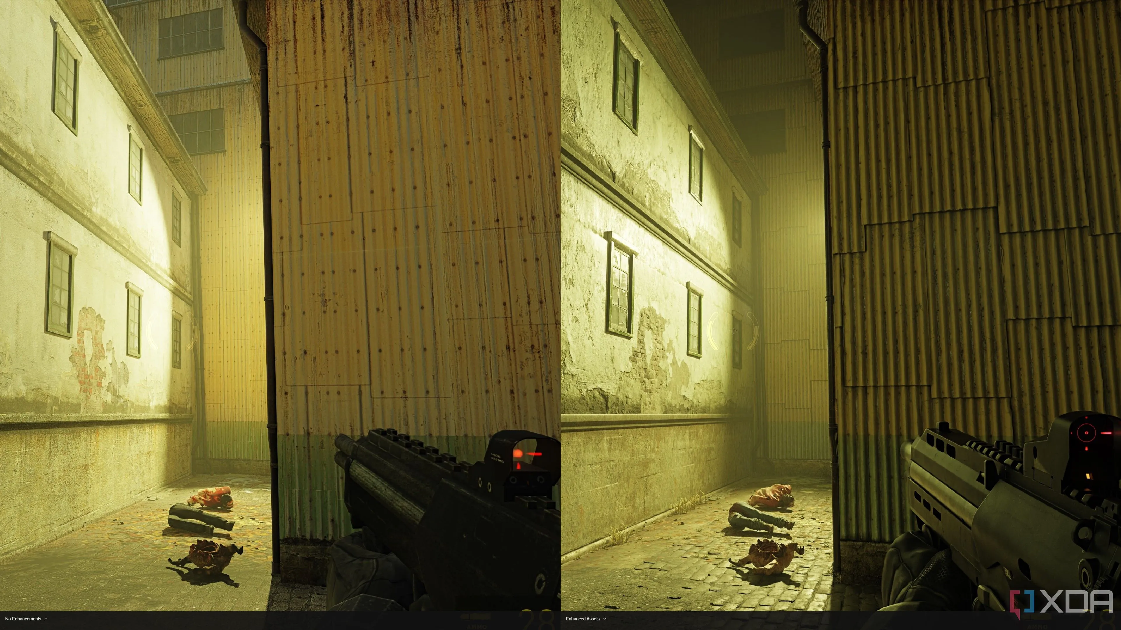 So sánh trực quan sự nâng cấp đồ họa vật thể trong Half-Life 2 RTX (phải) so với phiên bản gốc (trái), thể hiện chất liệu và chi tiết mô hình được cải thiện đáng kể.