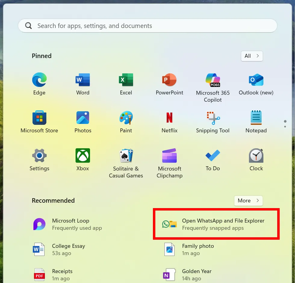 Start Menu của Windows 11 hiển thị các cặp ứng dụng được ghép đôi thường xuyên để khởi chạy nhanh