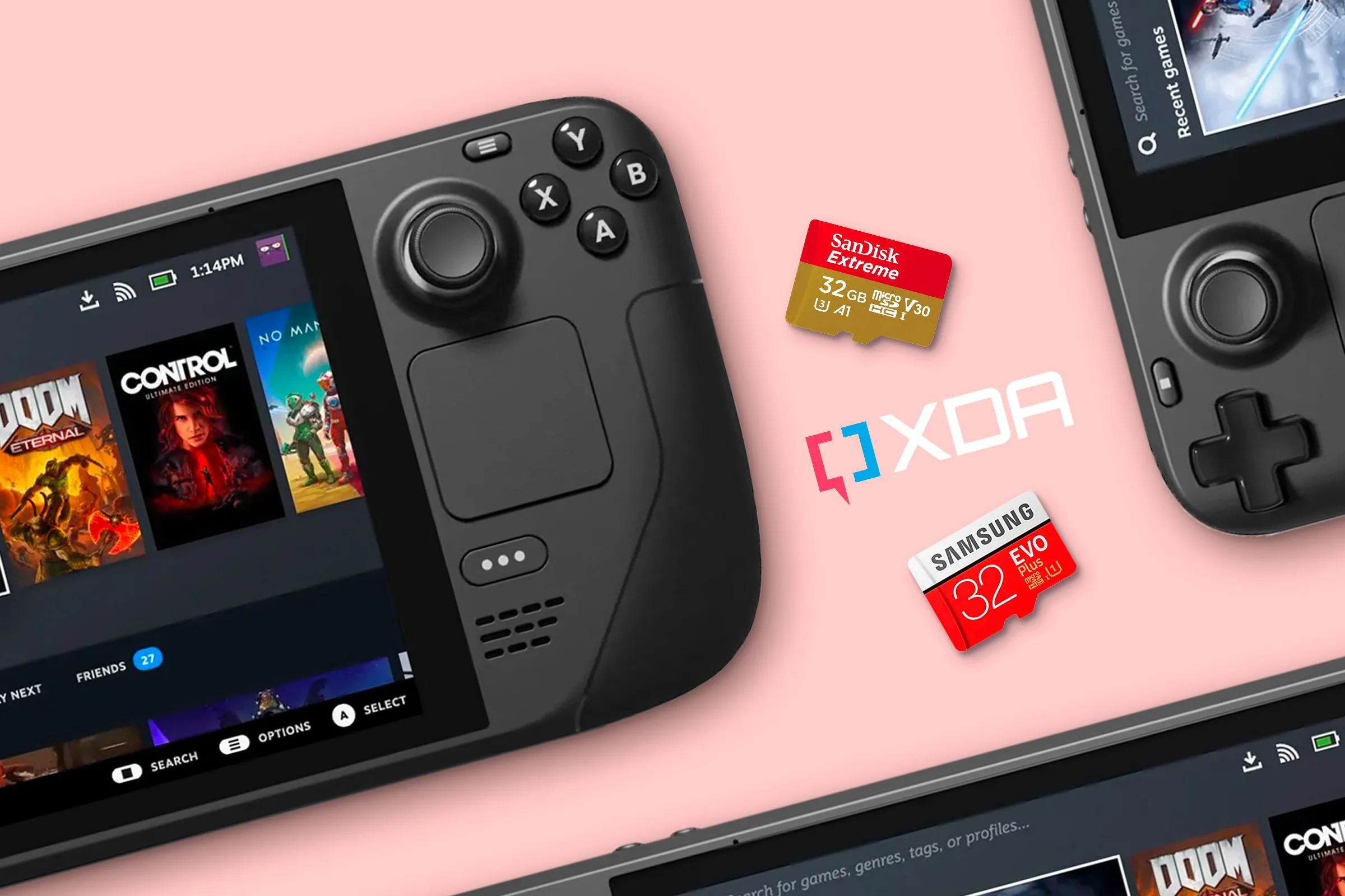 Steam Deck và các thẻ nhớ microSD, minh họa khả năng lưu trữ game và mod trên nền tảng Steam.